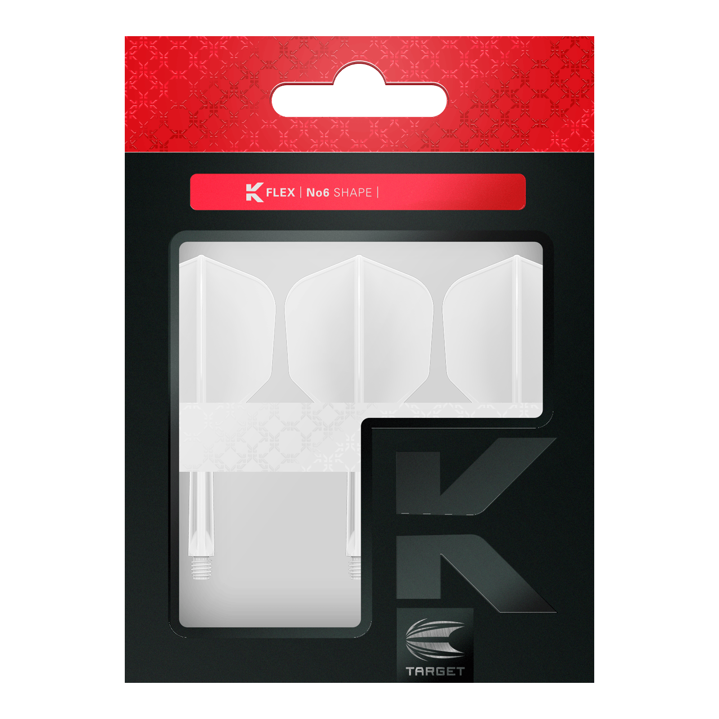 Letový systém Target K-Flex No6 - bílý Die Abbildung zeigt eine Packung mit weißen Dartflights und -shafts der Marke Target. Die Verpackung ist in Schwarz und Rot gehalten und trägt die Aufschrift "K FLEX | No6 SHAPE".