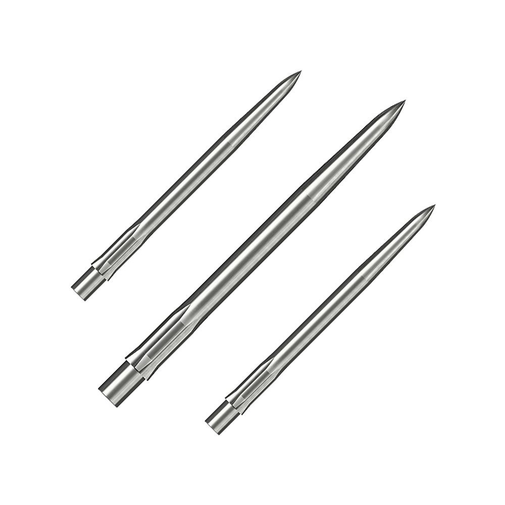 Auf dem Bild sind drei silberne, glatte Stahlspitzen für Dartpfeile zu sehen. Sie sind ordentlich nebeneinander angeordnet und haben eine Länge von 32 mm.