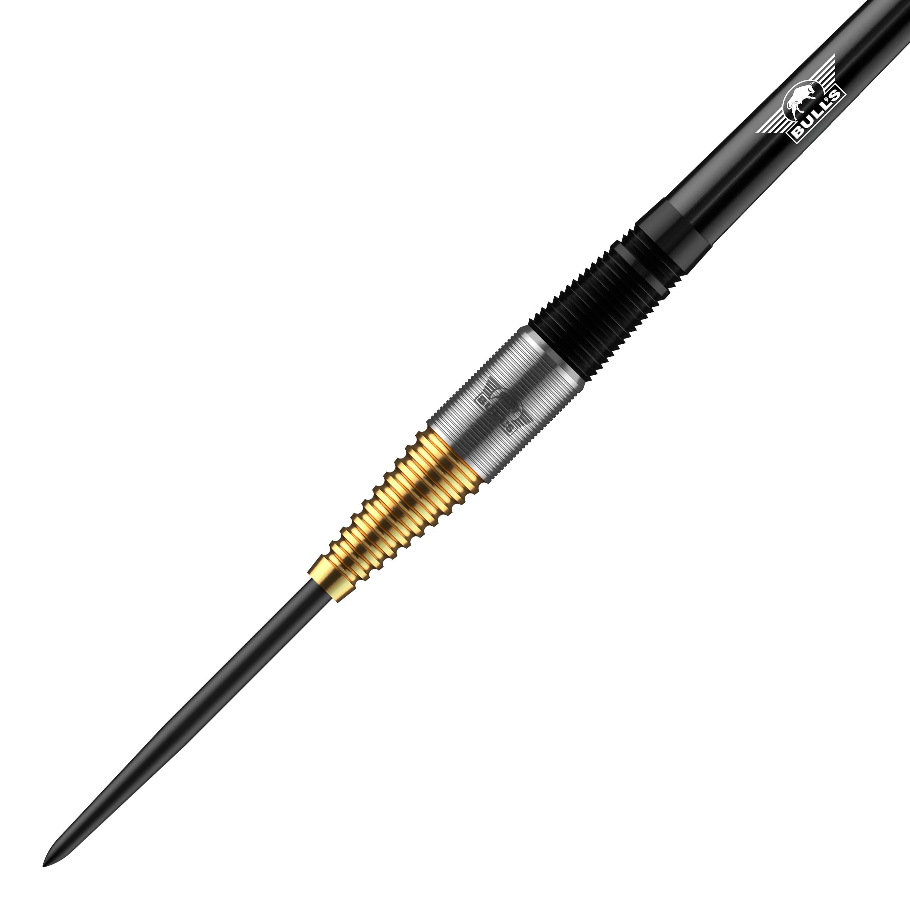 Das Bild zeigt einen Steeldartpfeil mit goldenen und silbernen Rillen am Griffstück. Auf dem schwarzen Schaft ist das Bulls-Logo sichtbar.