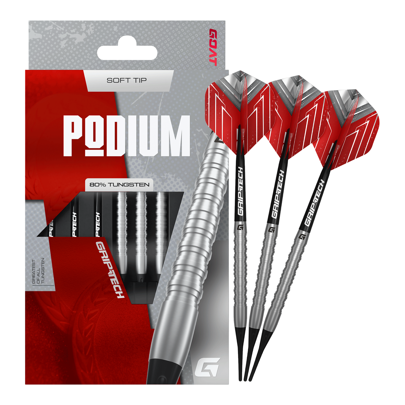 Zu sehen sind die GOAT Podium Silver Softdarts mit einem Gewicht von 18g. Die Darts sind in Silber gehalten und für den Softdartbereich konzipiert.