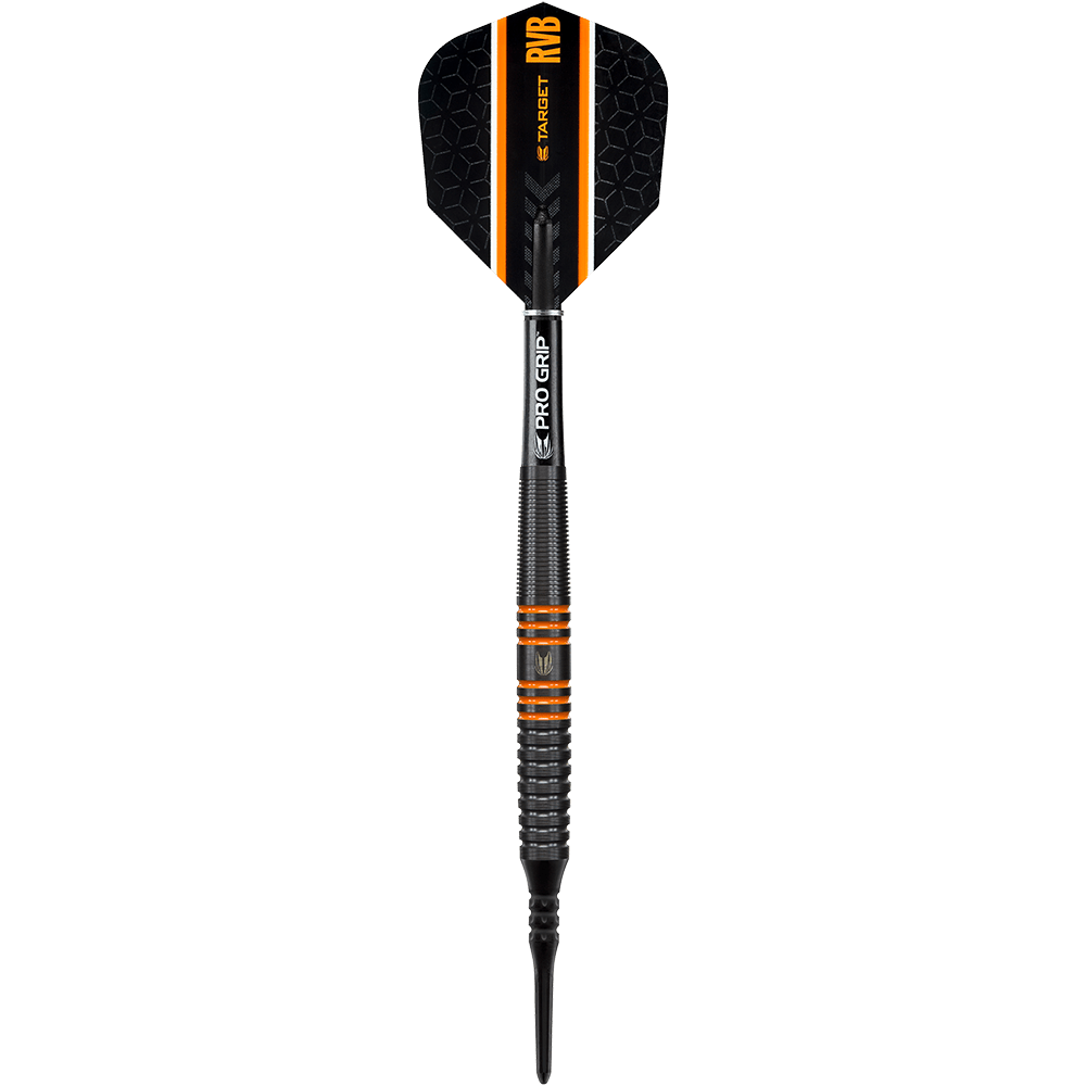 100153-Target-RVB-80-Black-Tungsten-Softdarts-1dRkm1vdt0rlbr Das Bild zeigt einen Target RVB 80% Black Tungsten Softdart. Der Dart ist überwiegend schwarz mit orangefarbenen Akzenten und trägt die Aufschrift "RVB" sowie "PRO GRIP".