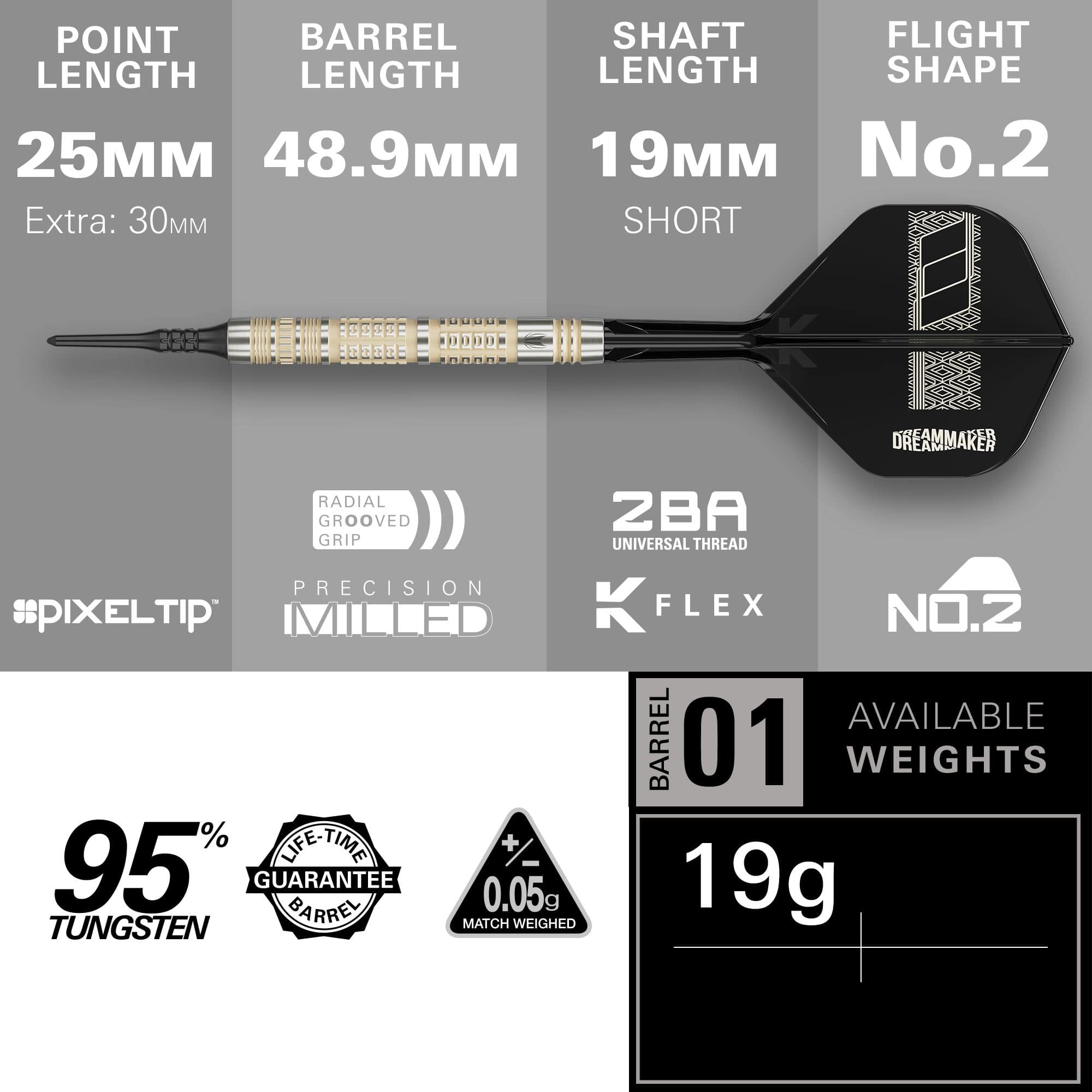 Auf diesem Bild sieht man die Target Dimitri Van Den Bergh 95K Softdarts mit 19g Gewicht. Diese Softdarts sind ideal für alle Dartspieler.