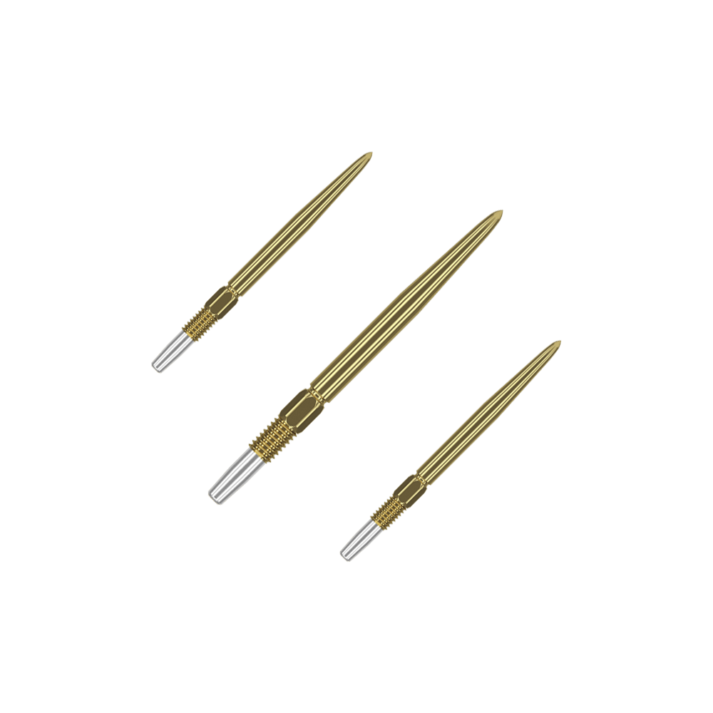 Das Bild zeigt drei goldfarbene Dartspitzen mit silbernem Gewinde. Sie sind in einer diagonalen Anordnung auf grünem Hintergrund abgebildet.