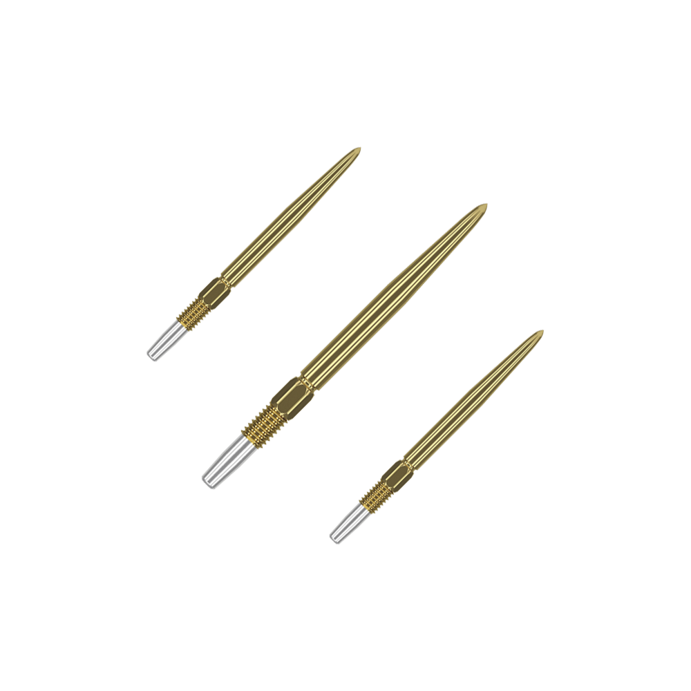 Zaměřte hroty šipek Swiss Point Gold Das Bild zeigt drei goldfarbene Dartspitzen mit silbernem Gewinde. Sie sind in einer diagonalen Anordnung auf grünem Hintergrund abgebildet.