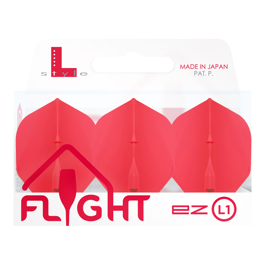 Standardní lety L-Style Champagne L1EZ Das Bild zeigt eine Packung mit roten L-Style Champagne L1EZ Standard Flights. Die Verpackung ist durchsichtig und trägt die Aufschrift "Made in Japan".