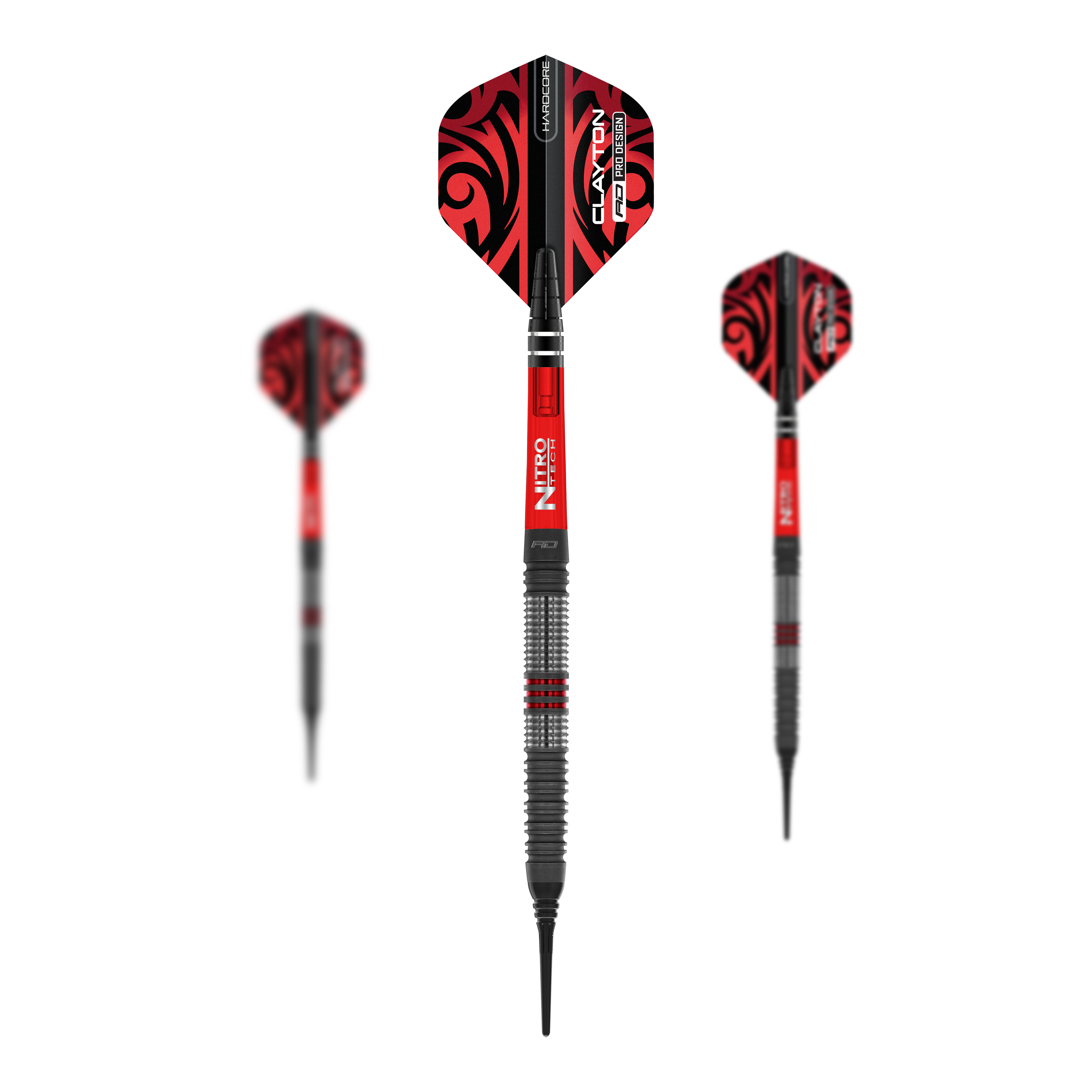 Red Dragon Jonny Clayton Hiraeth měkké šipky - 20g Das Bild zeigt die Red Dragon Jonny Clayton Hiraeth Softdarts mit einem Gewicht von 20g. Die Darts haben ein auffälliges rotes Design mit schwarzen Mustern und silbernen Ringen am Barrel.