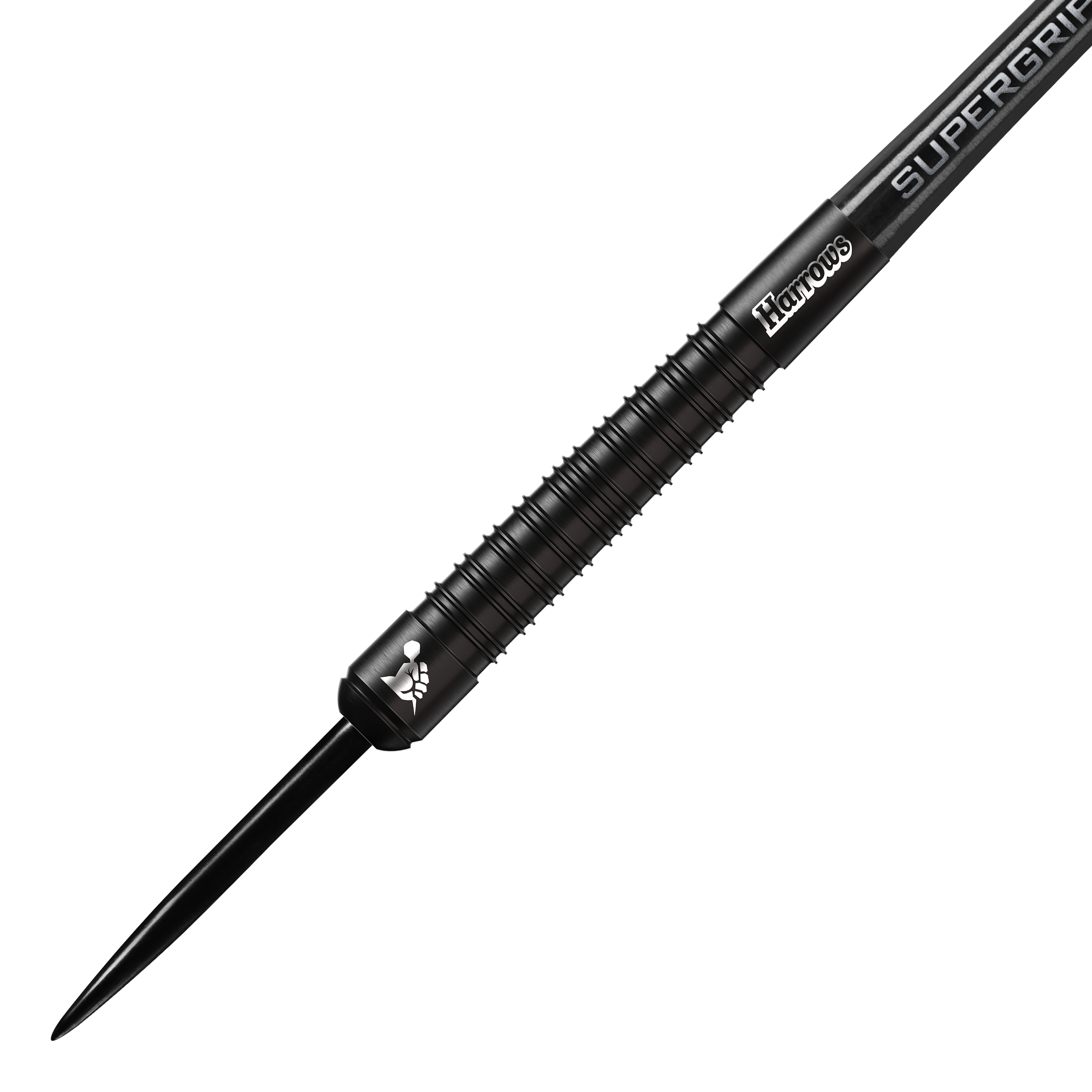Ocelové šipky Harrows Supergrip Black Edition Das Bild zeigt einen schwarzen Steeldart der Marke Harrows aus der Supergrip Black-Edition. Der Dart hat ein geriffeltes Griffstück und ein elegantes, komplett schwarzes Design.