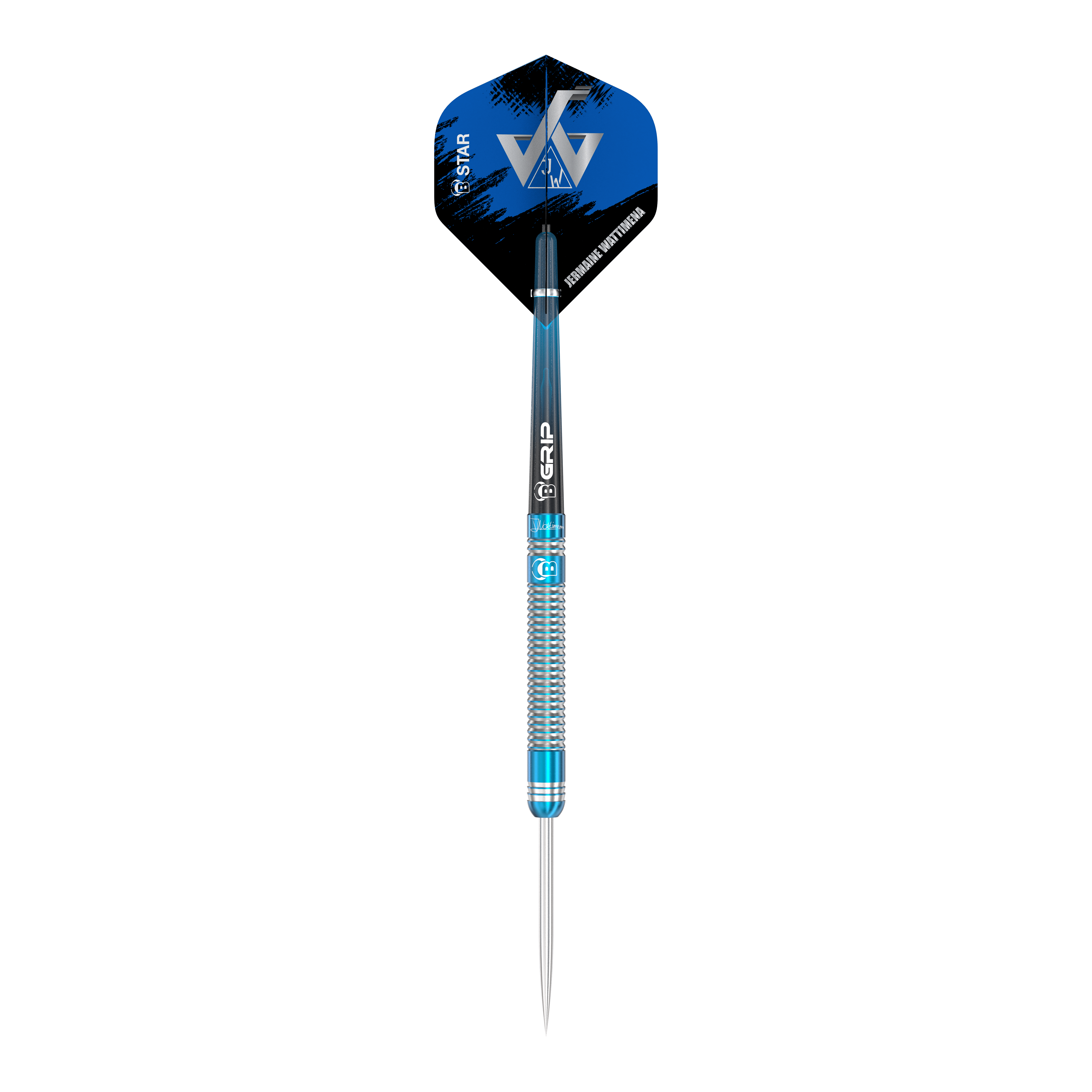 Ocelové šipky Bulls Jermaine Wattimena Generation 3 Das Bild zeigt einen Steeldart aus der Serie "Bulls Jermaine Wattimena Generation 3". Der Dart ist silberfarben mit blauen Akzenten und hat ein modernes Flight-Design.