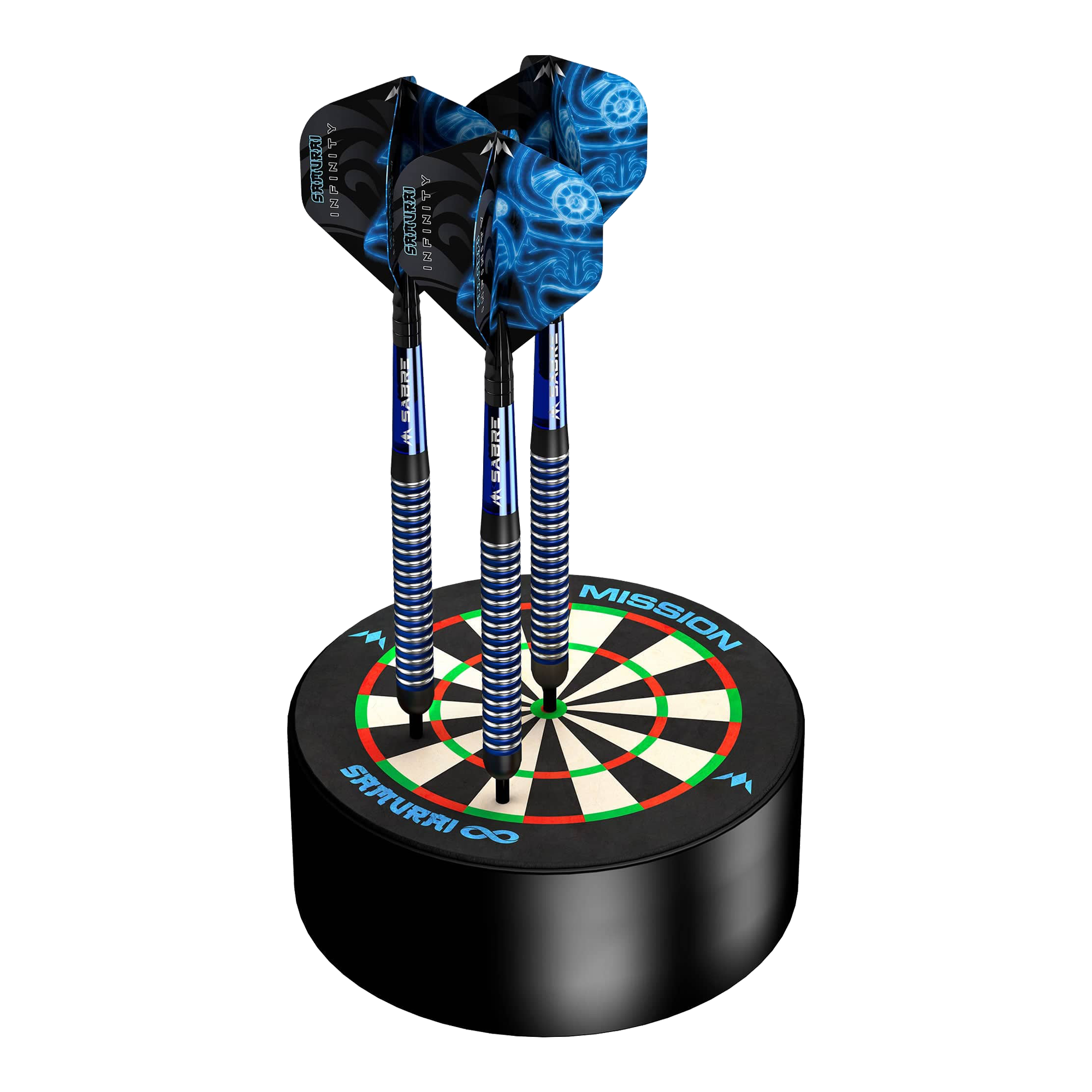 Das Bild zeigt das Produkt "Mission Samurai Infinity Mini Dartboard Darthalter". Auf dem kleinen Dartboard stehen drei blaue Darts senkrecht.