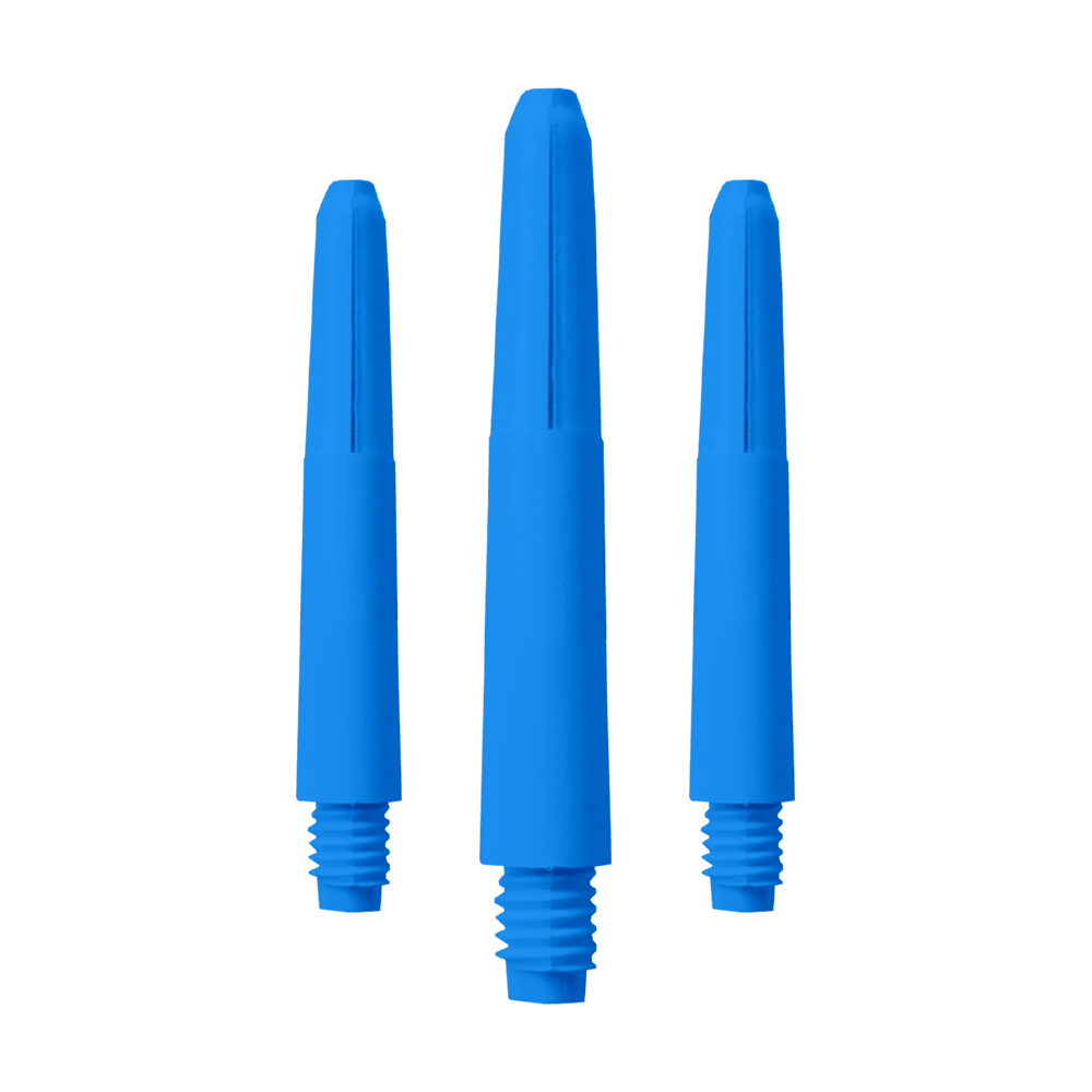 Das Bild zeigt drei blaue Nylon Shafts. Sie sind in einer Reihe angeordnet und haben Gewinde an einem Ende.
