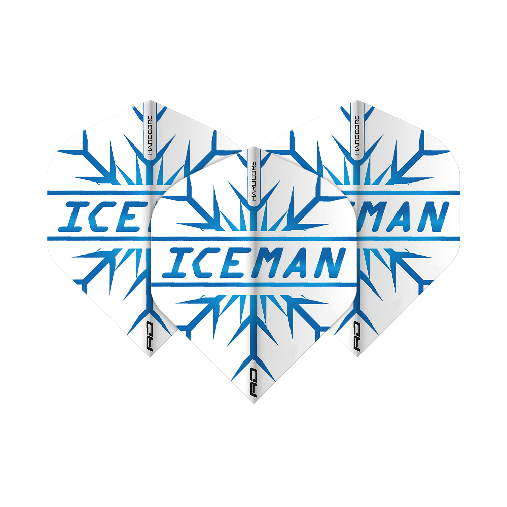 TF6421_RedDragon_Hardcore_Gerwyn_Price_Iceman_Standard_Flights_1 Das Bild zeigt drei Dartflights mit dem Aufdruck "ICEMAN" in blauer Schrift auf weißem Hintergrund. Im Hintergrund sind blaue Eiskristall-Muster zu sehen, und oben steht "HARDCORE".