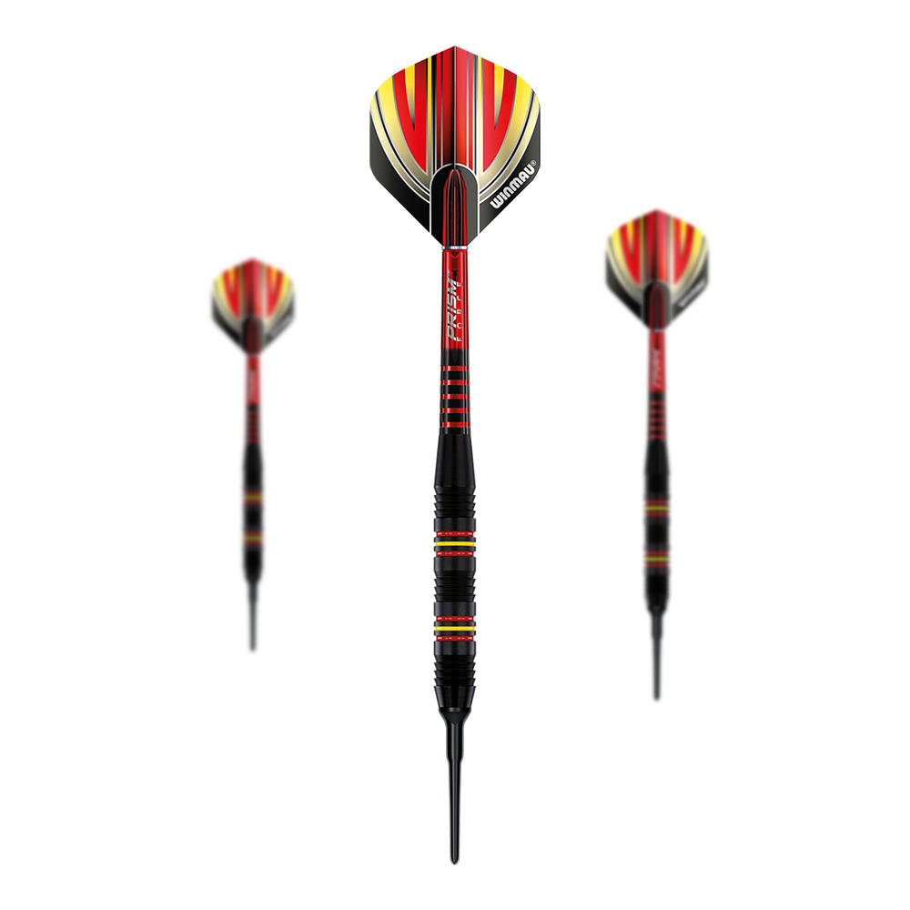 Winmau Outrage V2 Black Coated Brass Softdarts - 18g Das Bild zeigt drei Softdarts des Modells "Winmau Outrage V2 Black Coated Brass" mit 18 Gramm Gewicht. Die Darts sind überwiegend schwarz und rot mit gelben Akzenten und haben eine auffällige, moderne Optik.