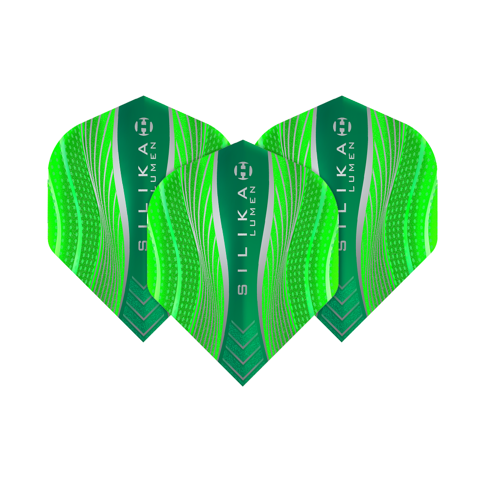 HR63_Harrows_Silika_Lumen_Green_No2_Standard_Flights_1VYF19BE5aETts Harrows Silika Lumen No2 Standard Flights mit feinem grafischem Muster. Die Flights sind gestaffelt dargestellt.