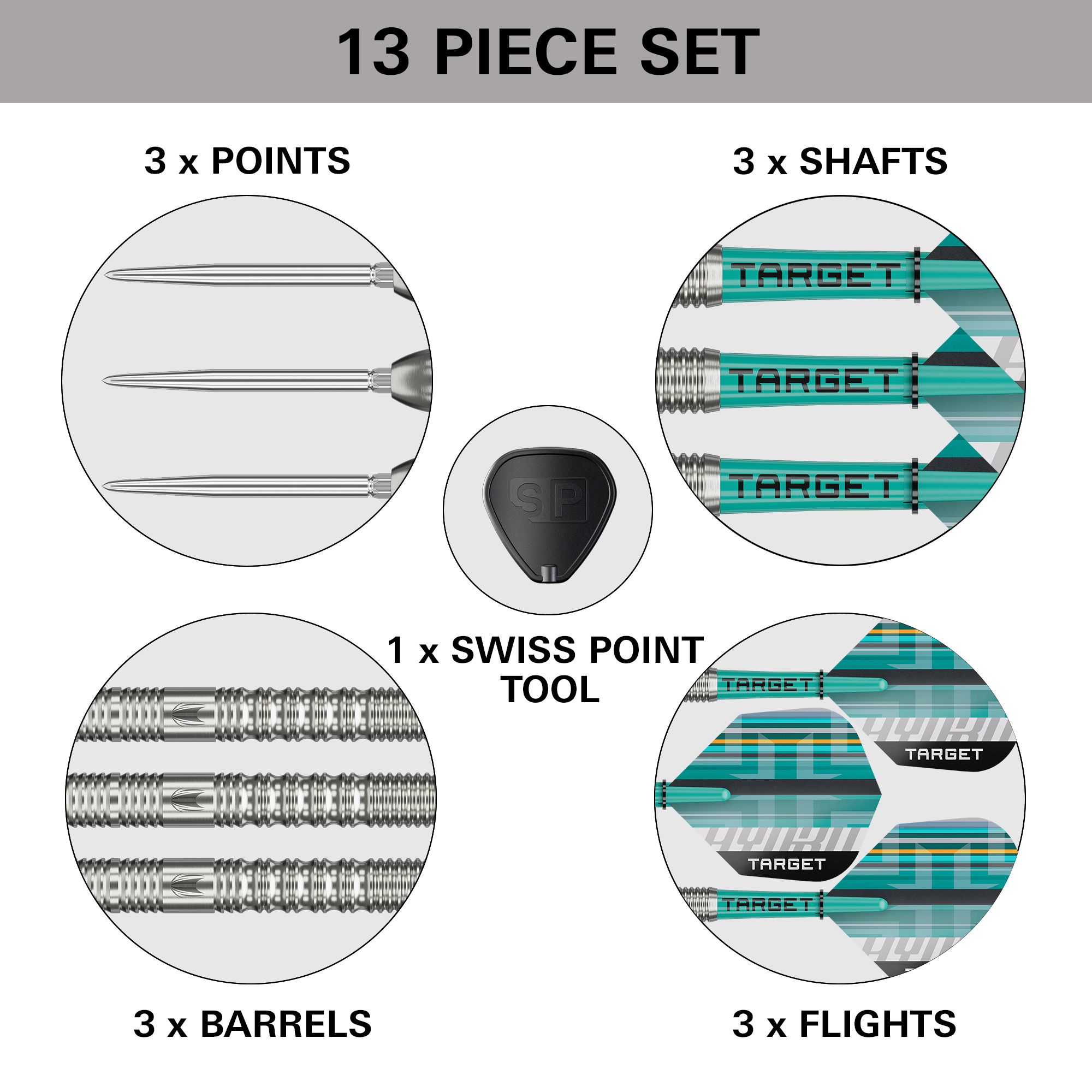Abgebildet ist das Produkt Target Hydro 01 Swiss Point Steeldarts. Die Steeldarts sind detailreich dargestellt.