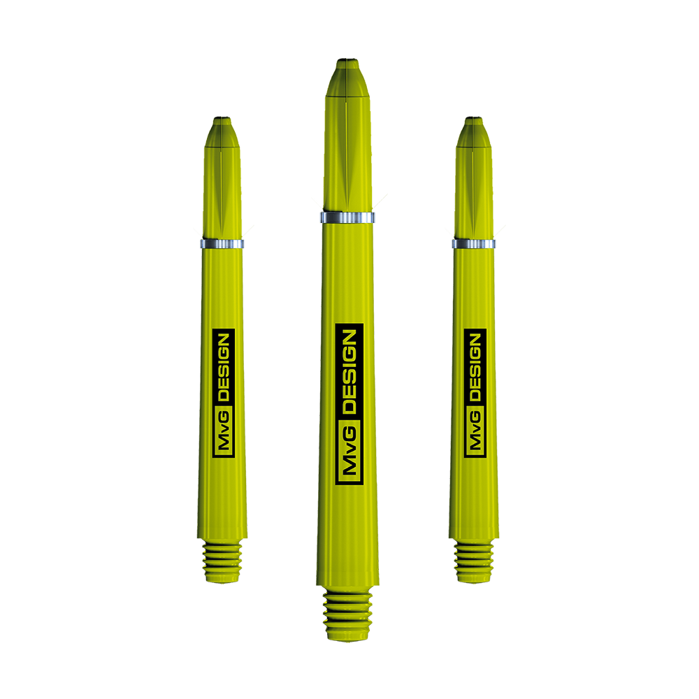 Das Bild zeigt drei gelbe Winmau Nylon Ring Grip MvG Design Shafts. Auf jedem Schaft steht der Schriftzug "MvG DESIGN" vertikal.