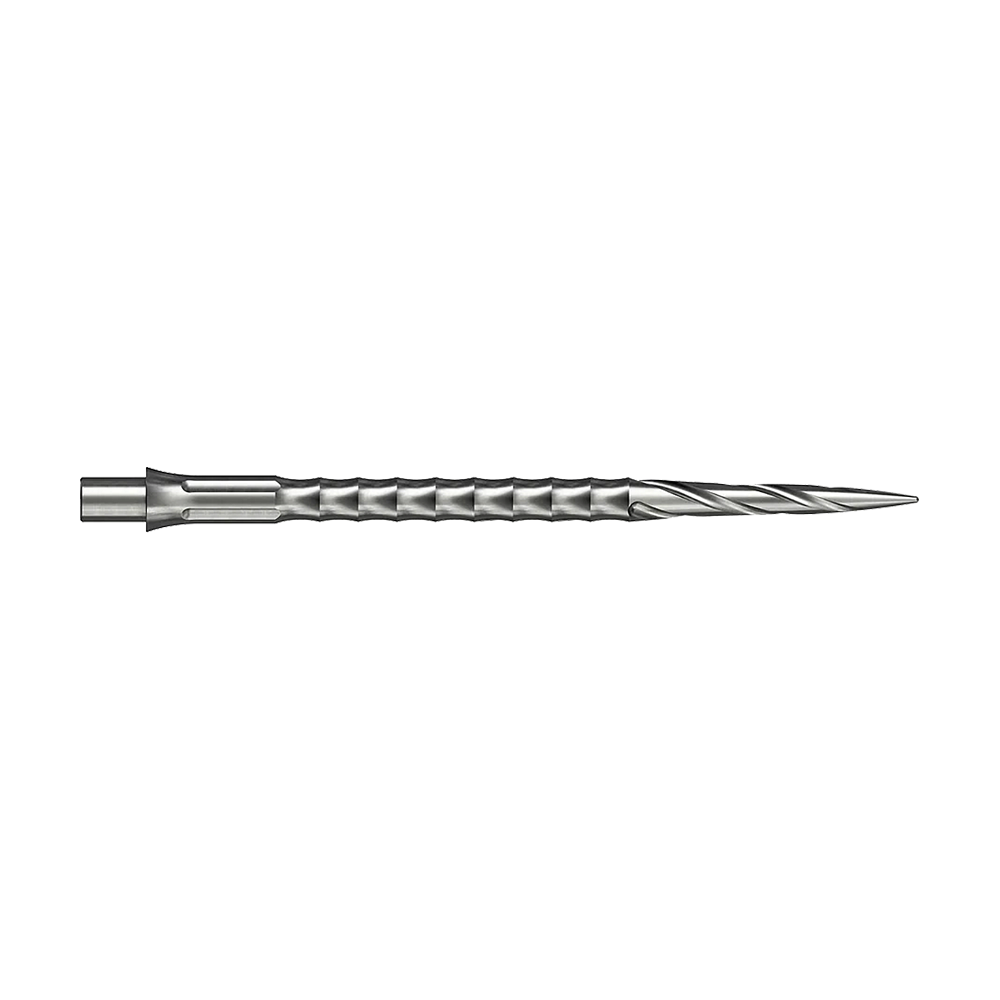 Ocelové hroty na šipky Caliburn System - Spiro - NoLip - stříbrné Die Abbildung zeigt ein silbernes Steeldartspitze aus dem Caliburn Evo System. Die Spitze hat ein Spiro NoLip Design und eine Länge von 40 mm.