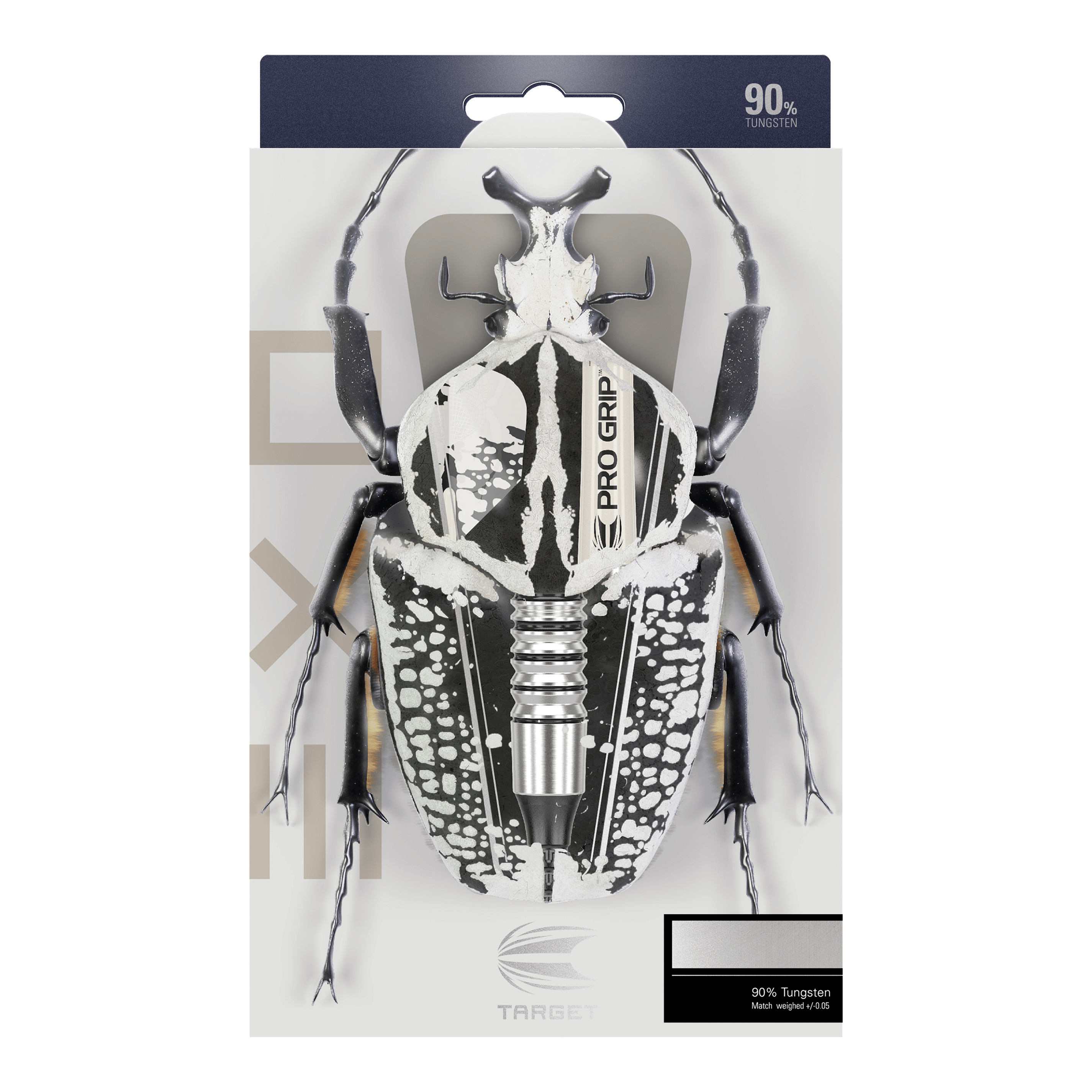Měkké šipky Target EXO 11 Auf der Verpackung der "Target EXO 11 Softdarts" ist ein Käfer abgebildet, dessen Körper mit den Dartpfeilen kombiniert wurde. Oben steht "90% Tungsten", was auf das Material der Darts hinweist.