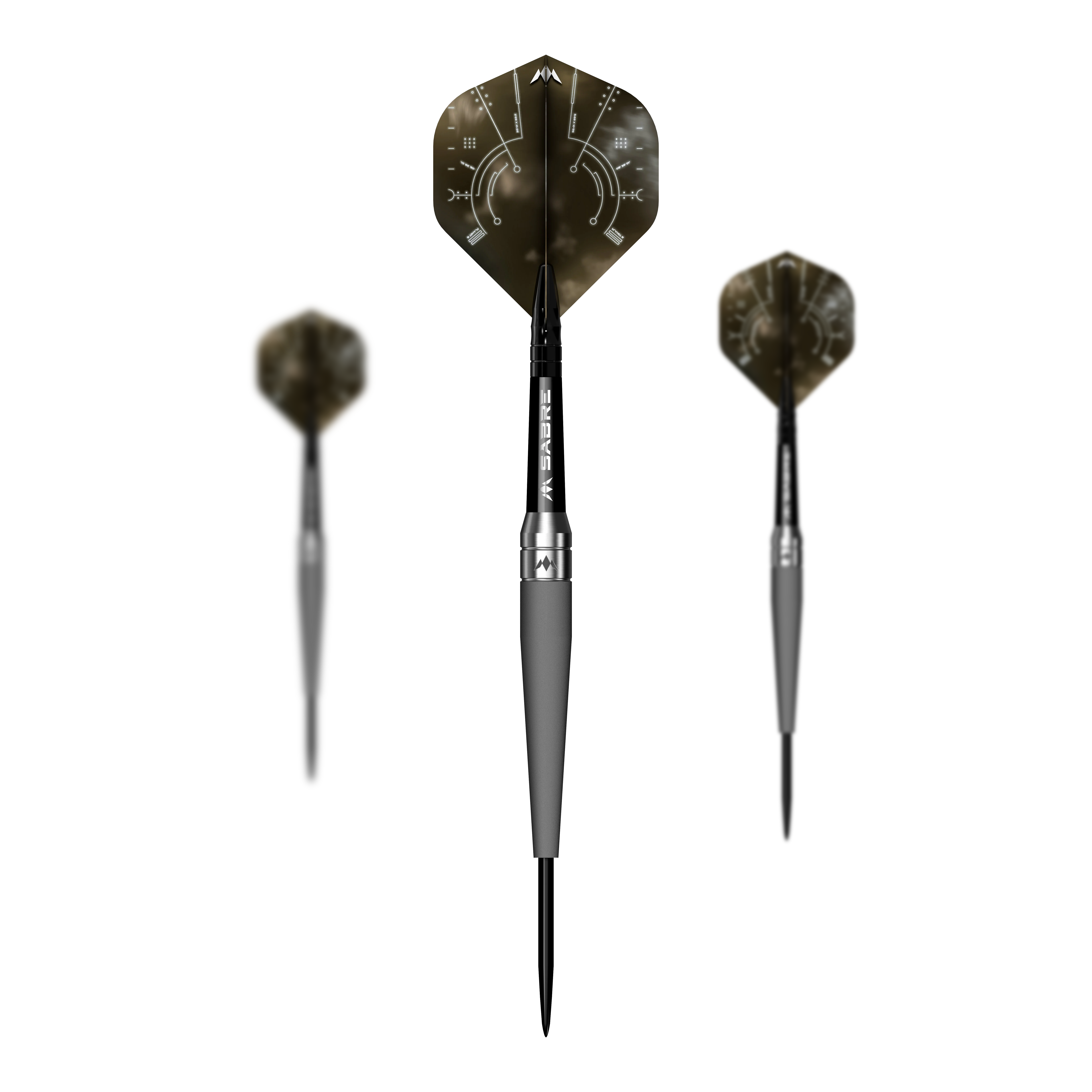 Ocelové šipky Mission Saturn Titan Das Bild zeigt drei Steeldarts des Produkts „Mission Saturn Titan“. Die Darts haben eine schwarze Spitze, einen silbernen Körper und auffällige Flights mit einem futuristischen Design.