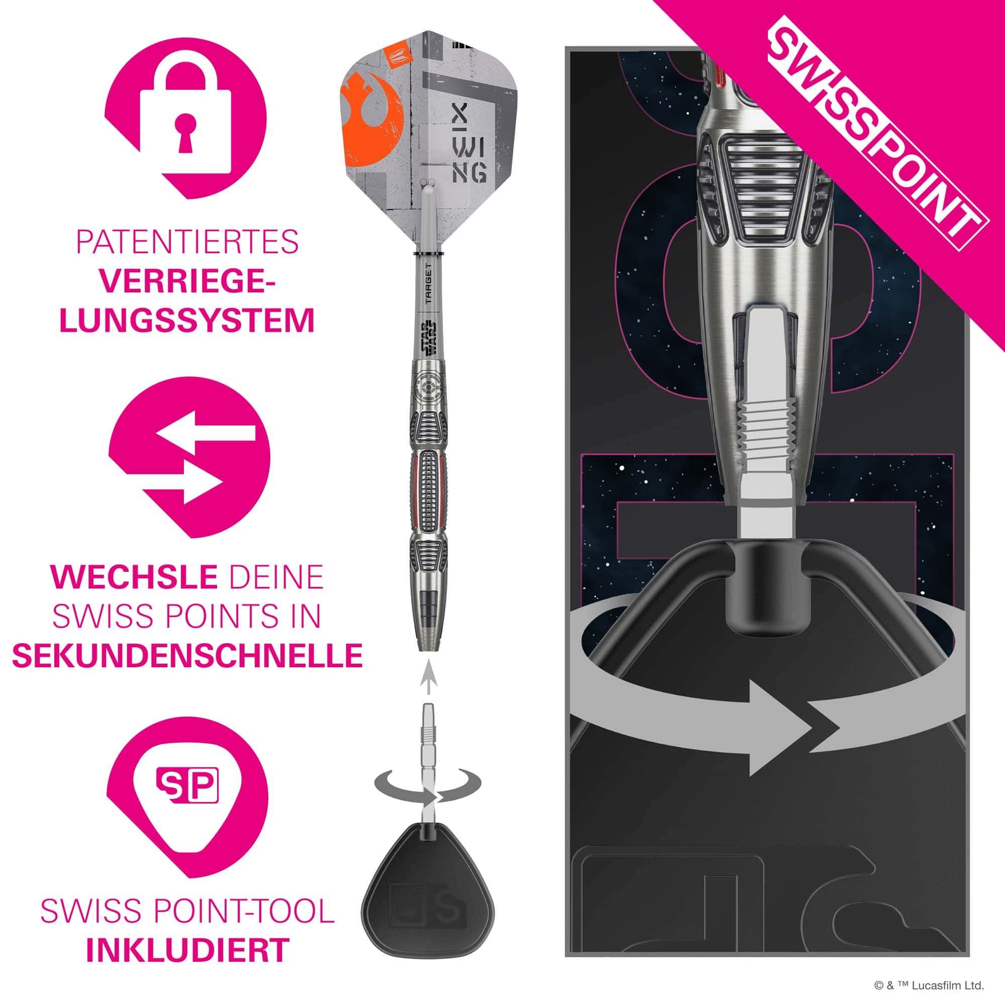 Ocelové šipky Target Star Wars X-Wing Swiss Point Target Star Wars X-Wing Swiss Point Steeldarts sind abgebildet. Das Produkt ist inspiriert von Star Wars und in einem speziellen Design gestaltet.
