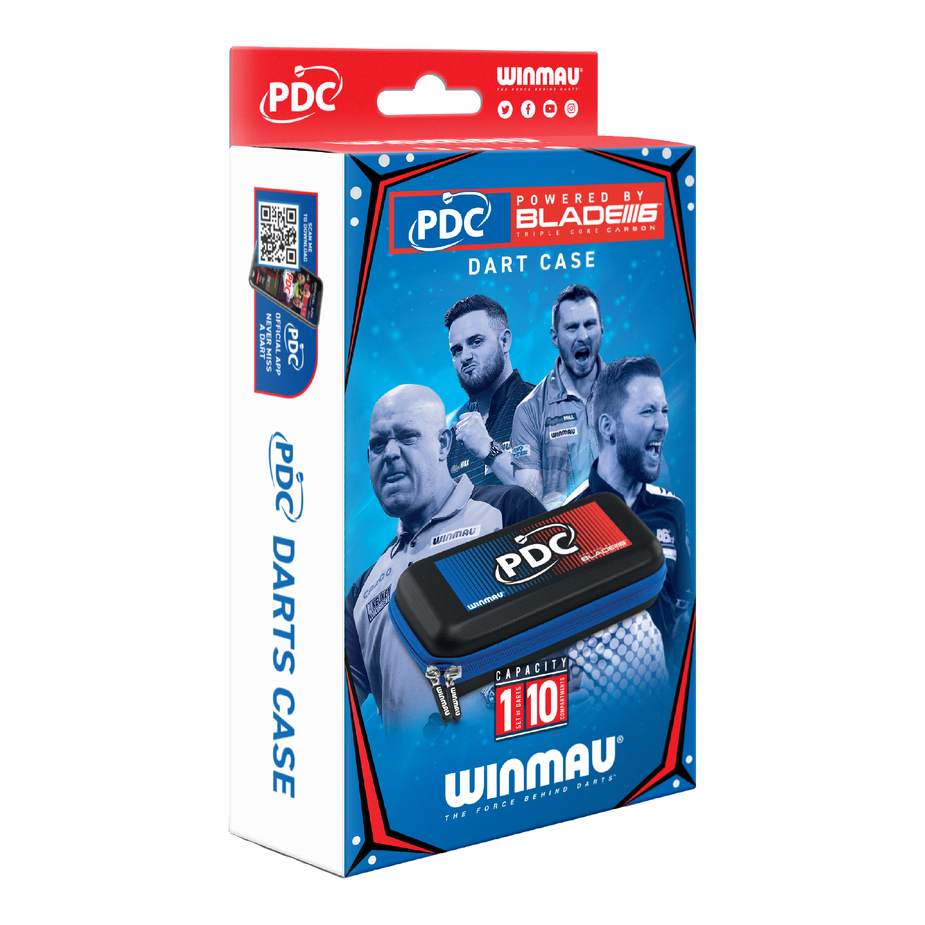 Pouzdro na šipky Winmau PDC Die Abbildung zeigt die Verpackung des Winmau PDC Dartcase. Auf der Box sind Bilder von Dartspielern sowie das Etui und die Markenlogos zu sehen.