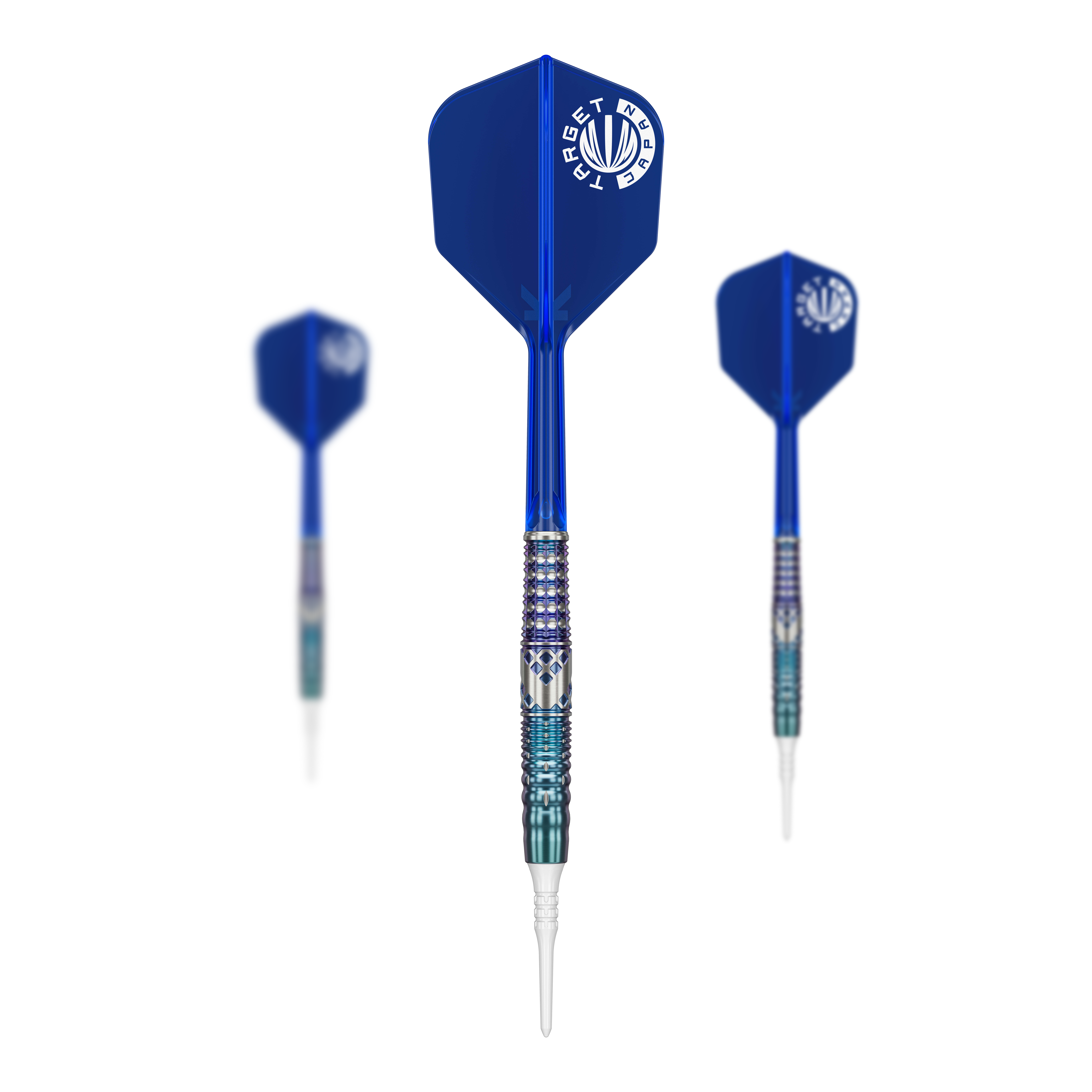 Das Bild zeigt drei blaue Softdarts aus der Serie "Target Japan Cathy Leung Charis GEN5 - 19g". Die Spitzen sind weiß, und die Flights tragen das Target-Logo.