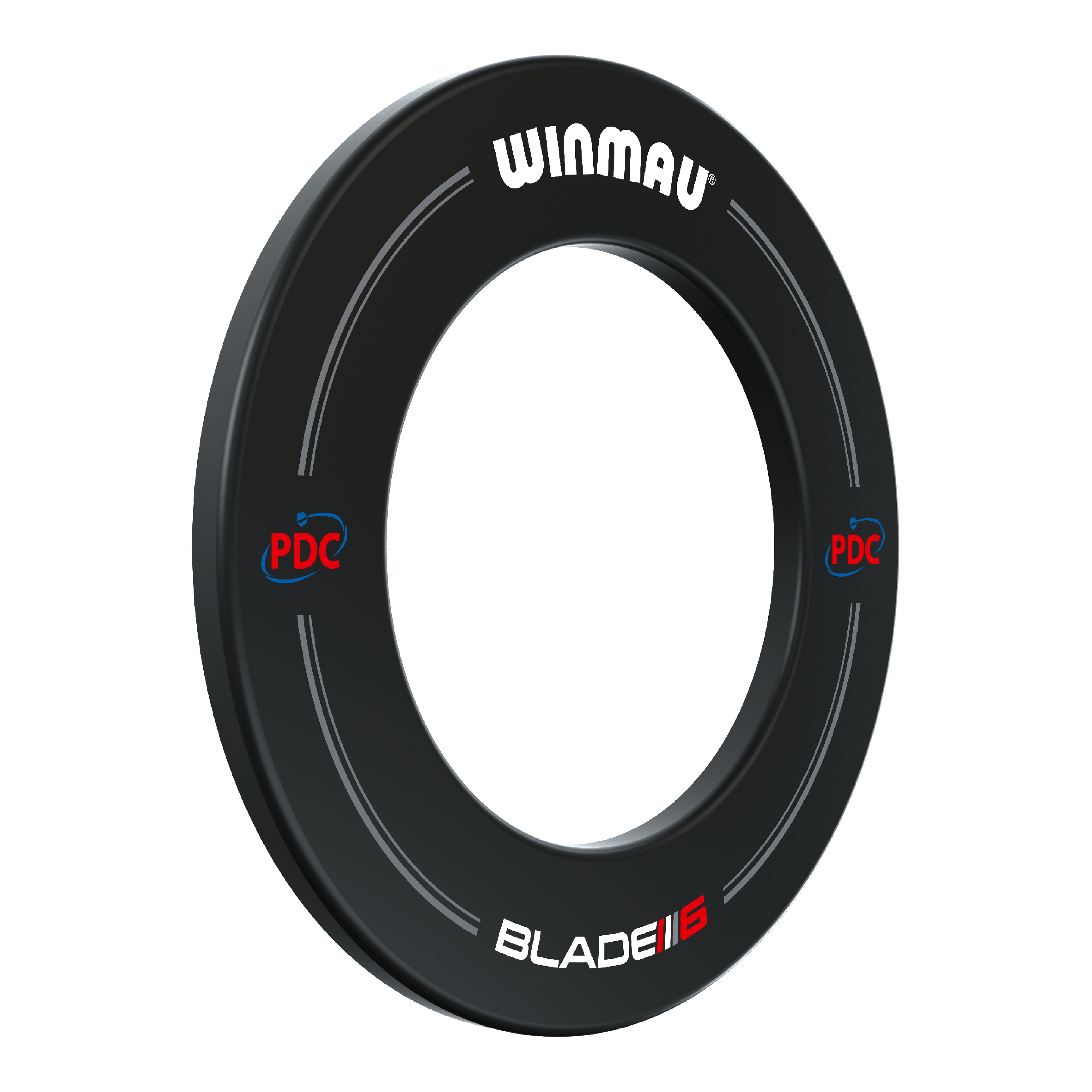 Winmau PDC Dartboard Surround – černá Das Bild zeigt die Winmau PDC Dartboard Surround in Schwarz. Der Dartboard-Schutzring ist rund und trägt die Aufschriften "WINMAU", "PDC" und "BLADE 6".
