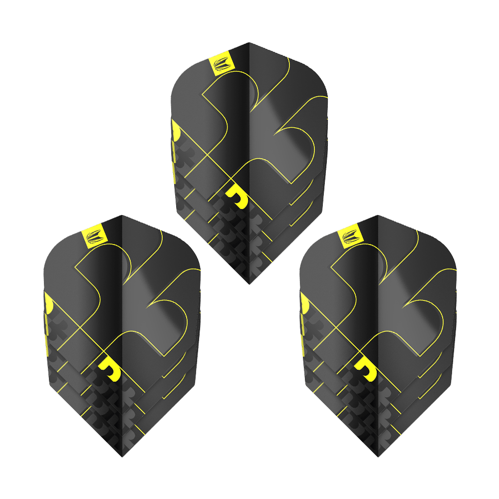 Lety Target ProUltra Bolide Void č. 6 Das Bild zeigt drei Target ProUltra Bolide Void No6 Flights. Die Flights sind schwarz mit gelben Akzenten und besitzen ein modernes, geometrisches Design.