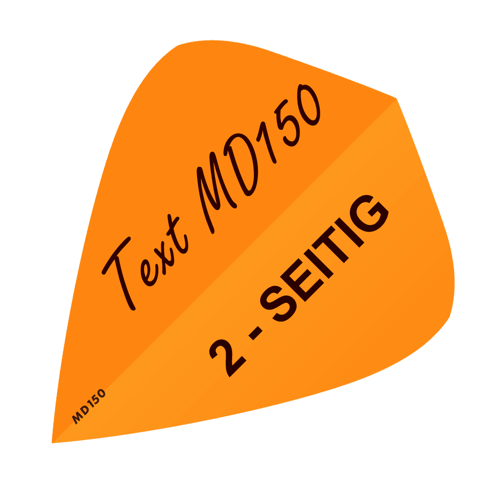 MD-304_2-Seitig_Bedruckte_Flights_Wunschtext_MD150_Neonorange_Kite_1 Dieses Bild zeigt ein neonoranges, drachenförmiges Dart-Flight. Darauf steht der Text „Text MD150“ und „2-SEITIG“.