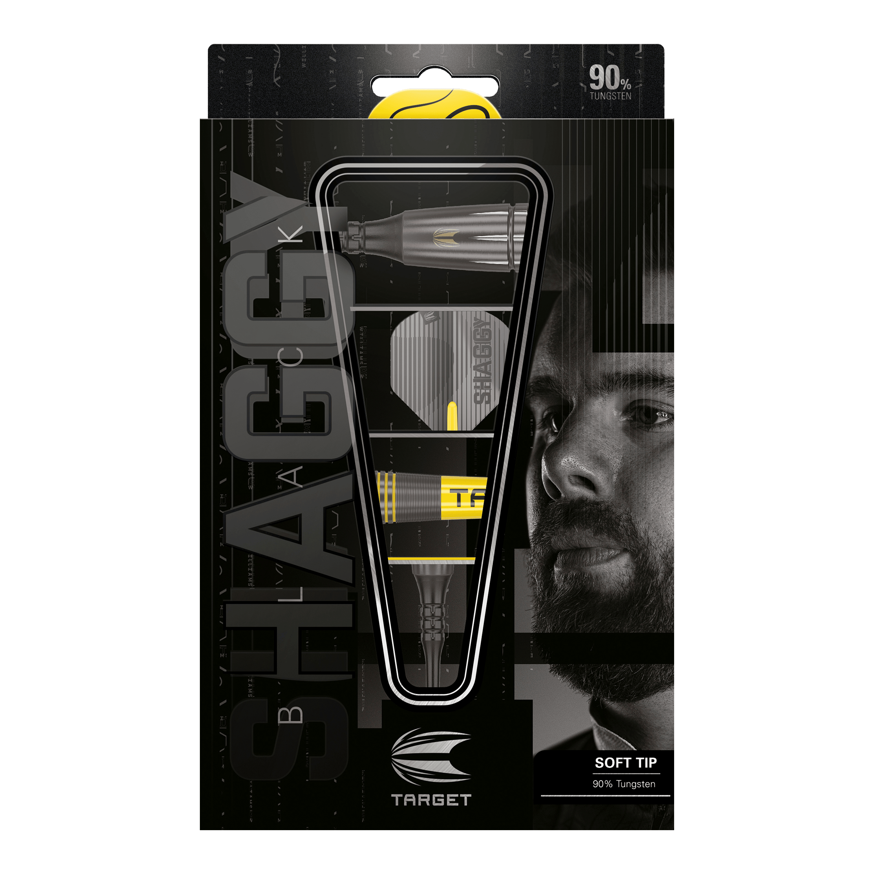 Šipky Target Scott Williams Shaggy Black Soft - 20g Das Bild zeigt die Verpackung der "Target Scott Williams Shaggy Black Softdarts - 20g". Die Darts bestehen zu 90% aus Wolfram und haben eine schwarze und gelbe Optik.