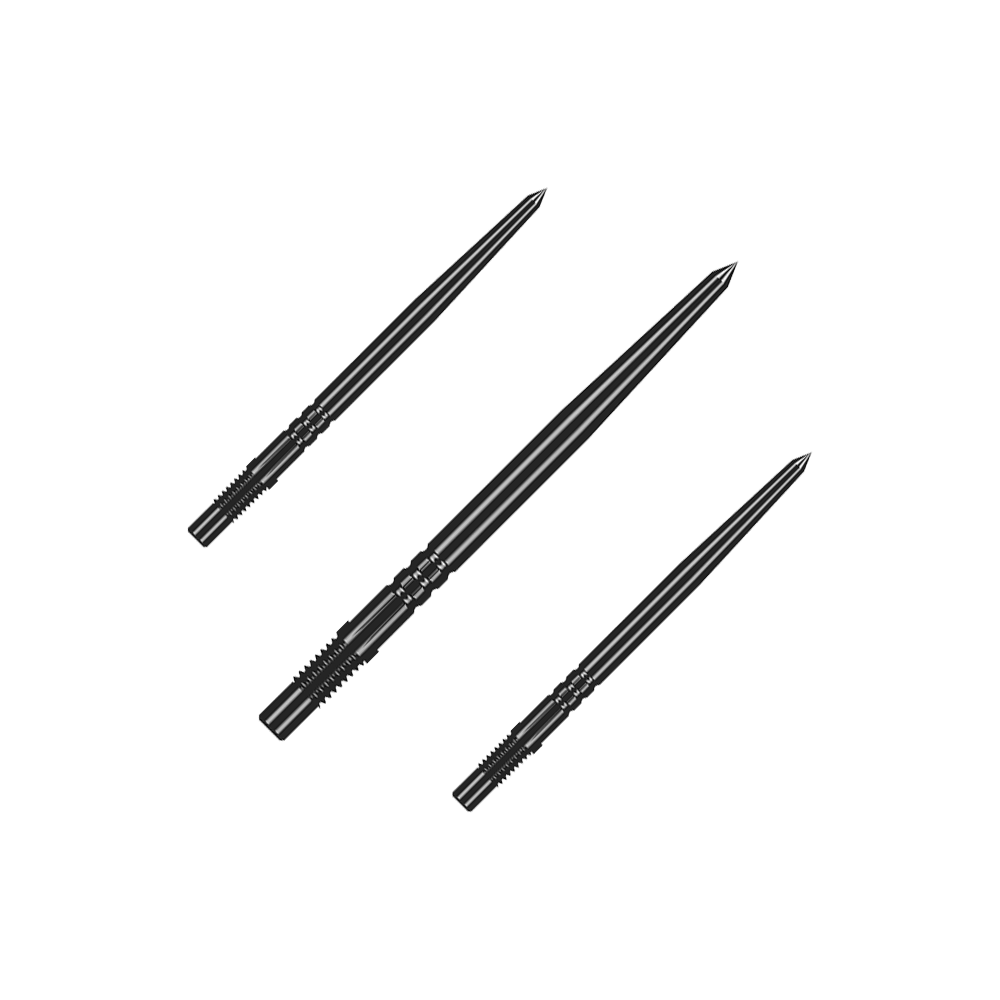 Špičky na šipky Shot Turbo Point - černé Mehrere schwarze Dartspitzen gleicher Bauart liegen nebeneinander. Die Spitzen sind ein Zubehör für Steeldarts.