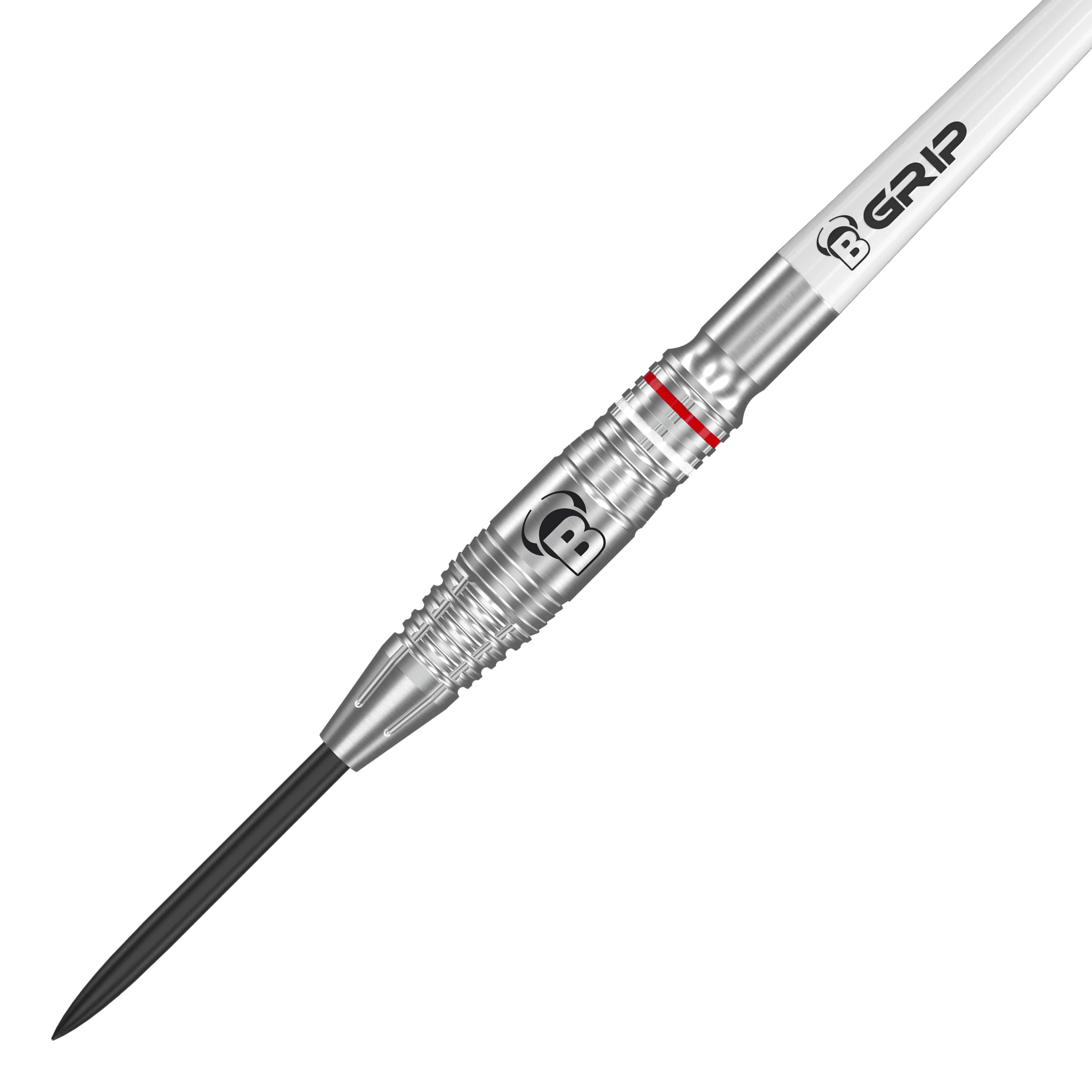 Das Bild zeigt einen Bulls Niko Springer Steeldart. Der Dart ist silberfarben mit einem gezackten Griff und einem schwarzen Spitzenteil.