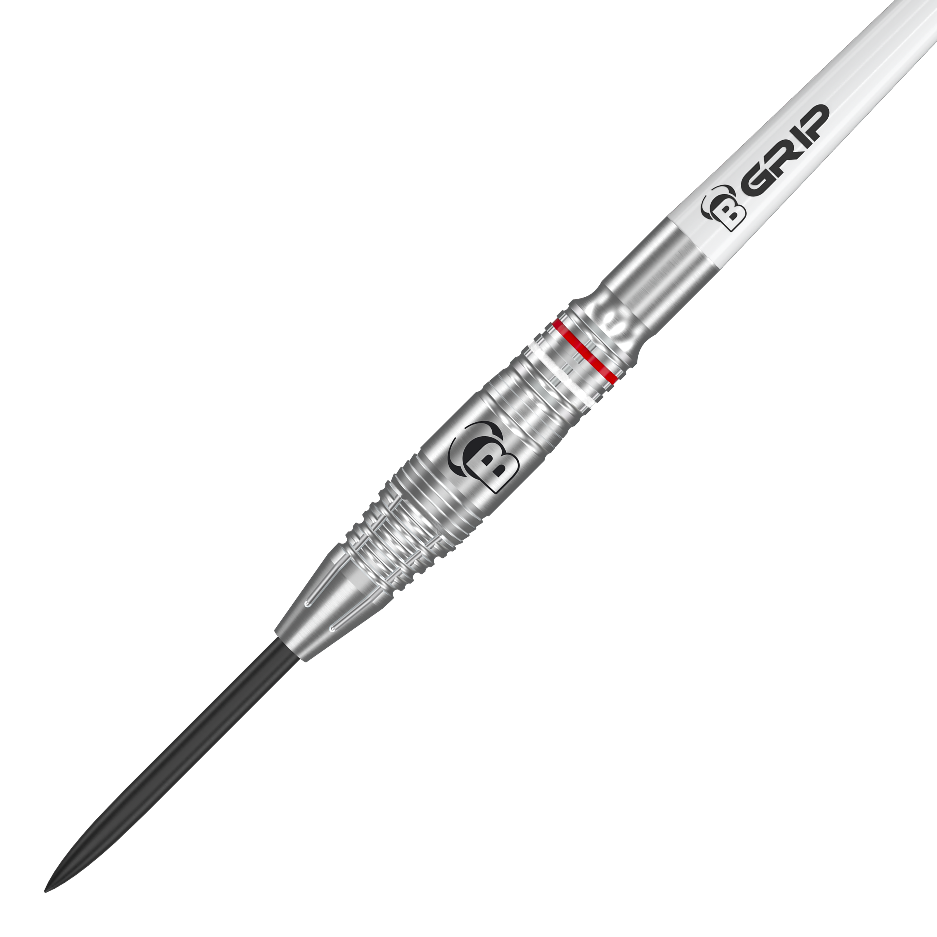 Ocelové šipky Bulls Niko Springer Das Bild zeigt einen Bulls Niko Springer Steeldart. Der Dart ist silberfarben mit einem gezackten Griff und einem schwarzen Spitzenteil.