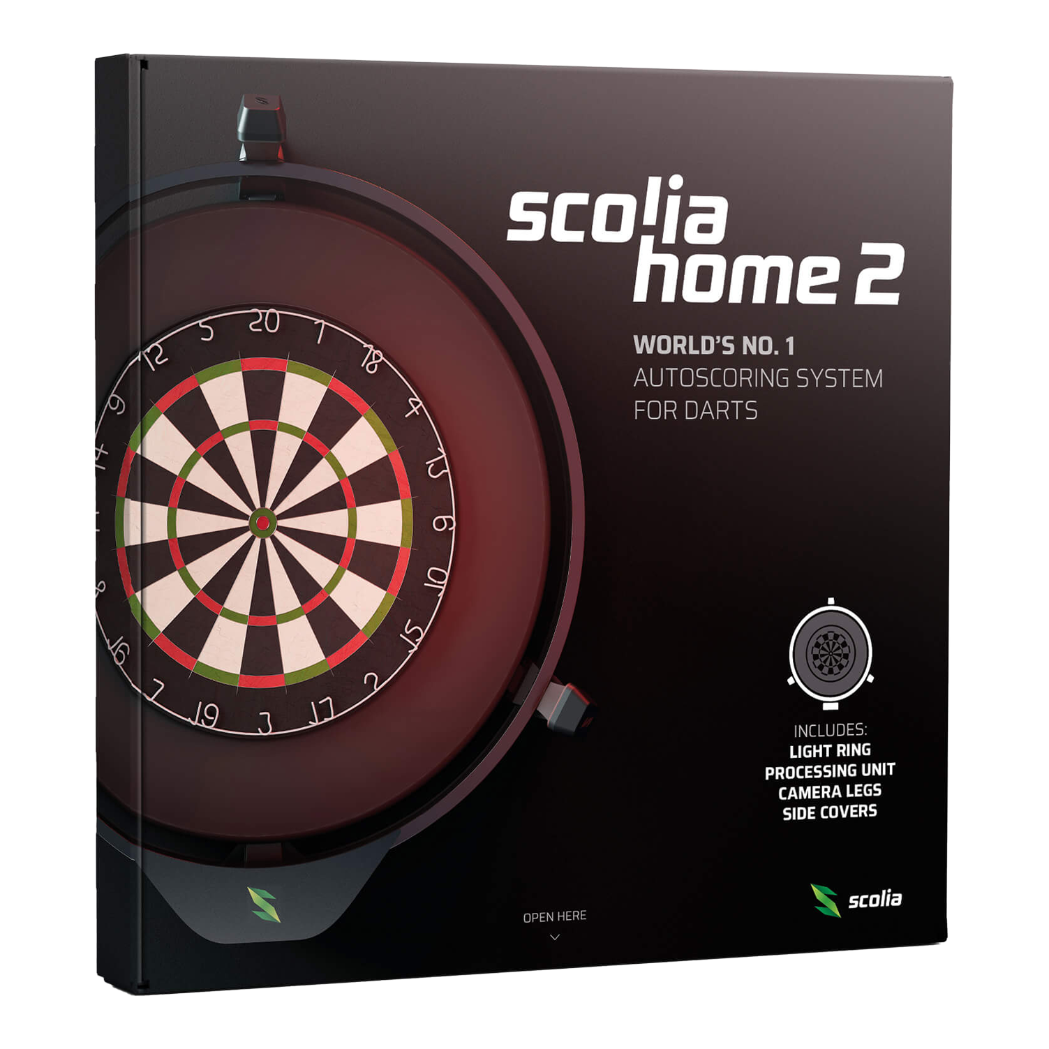 Auf dem Bild ist die Verpackung des Produkts "Scolia Home 2 Electronic Score System mit Beleuchtungsring" zu sehen. Es handelt sich um ein automatisches Zählsystem für Dartspiele mit Licht, Kamerabeinen und Abdeckungen.