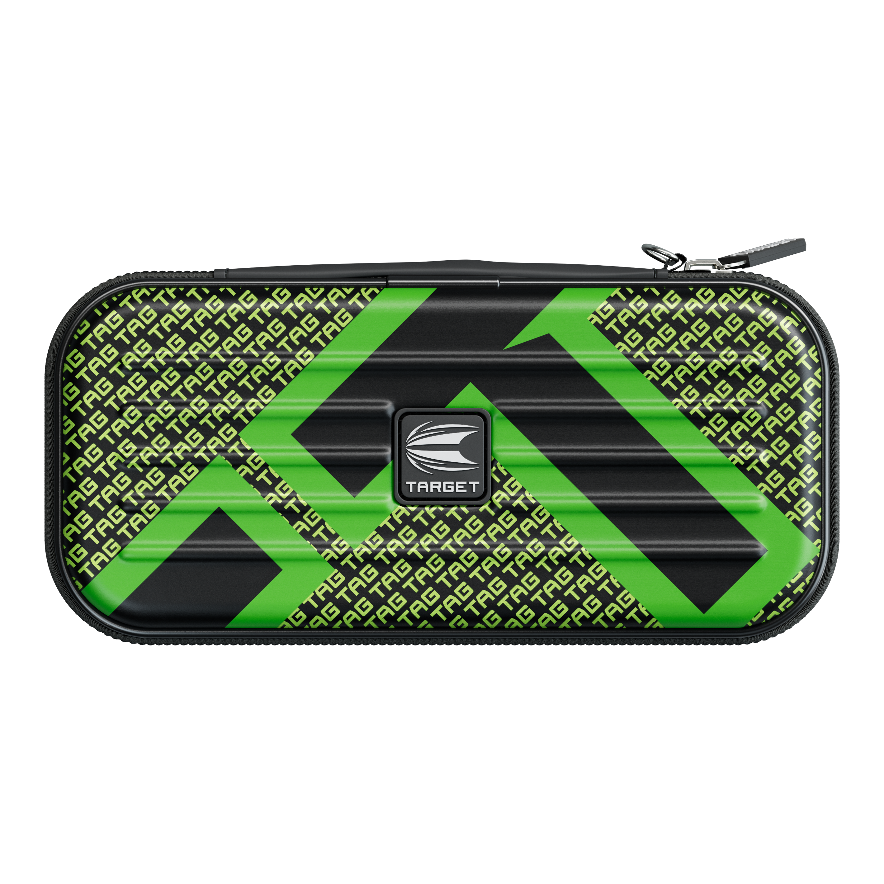 Pouzdro na šipky Target Takoma TAG Das Bild zeigt ein Dartcase mit einem auffälligen grünen und schwarzen Design. In der Mitte befindet sich ein Logo mit der Aufschrift "TARGET".