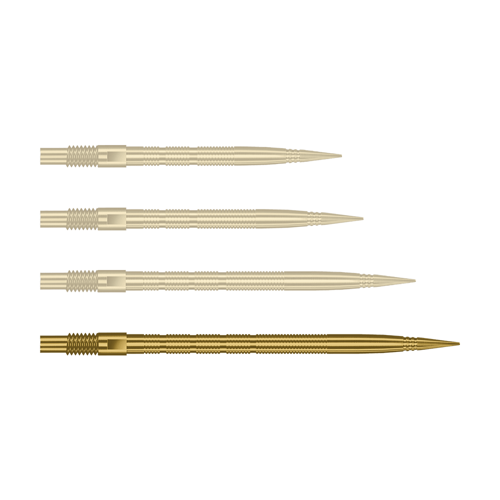 Špičky na šipky Harrows Quick Point Micro Ridge - zlaté Hier sieht man eine einzelne Harrows Quick Point MicroRidge Dartspitze in Gold, 40mm. Sie liegt auf einem hellen Hintergrund.