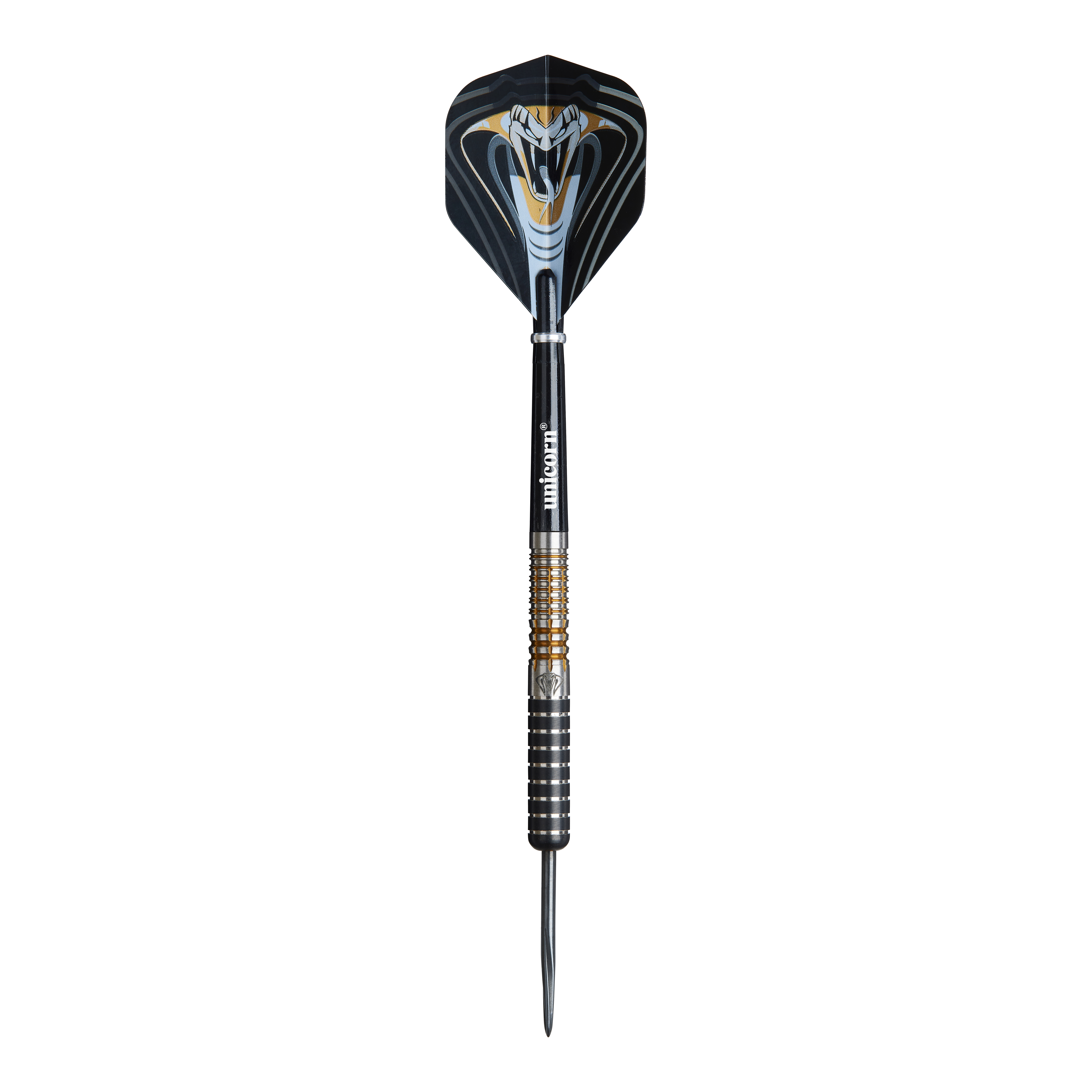 Das Bild zeigt einen Unicorn Maestro Jeffrey De Zwaan Phase 3 Steeldart. Der Dart ist schwarz mit silbernen und goldenen Akzenten und zeigt ein auffälliges Schlangendesign auf dem Flight.