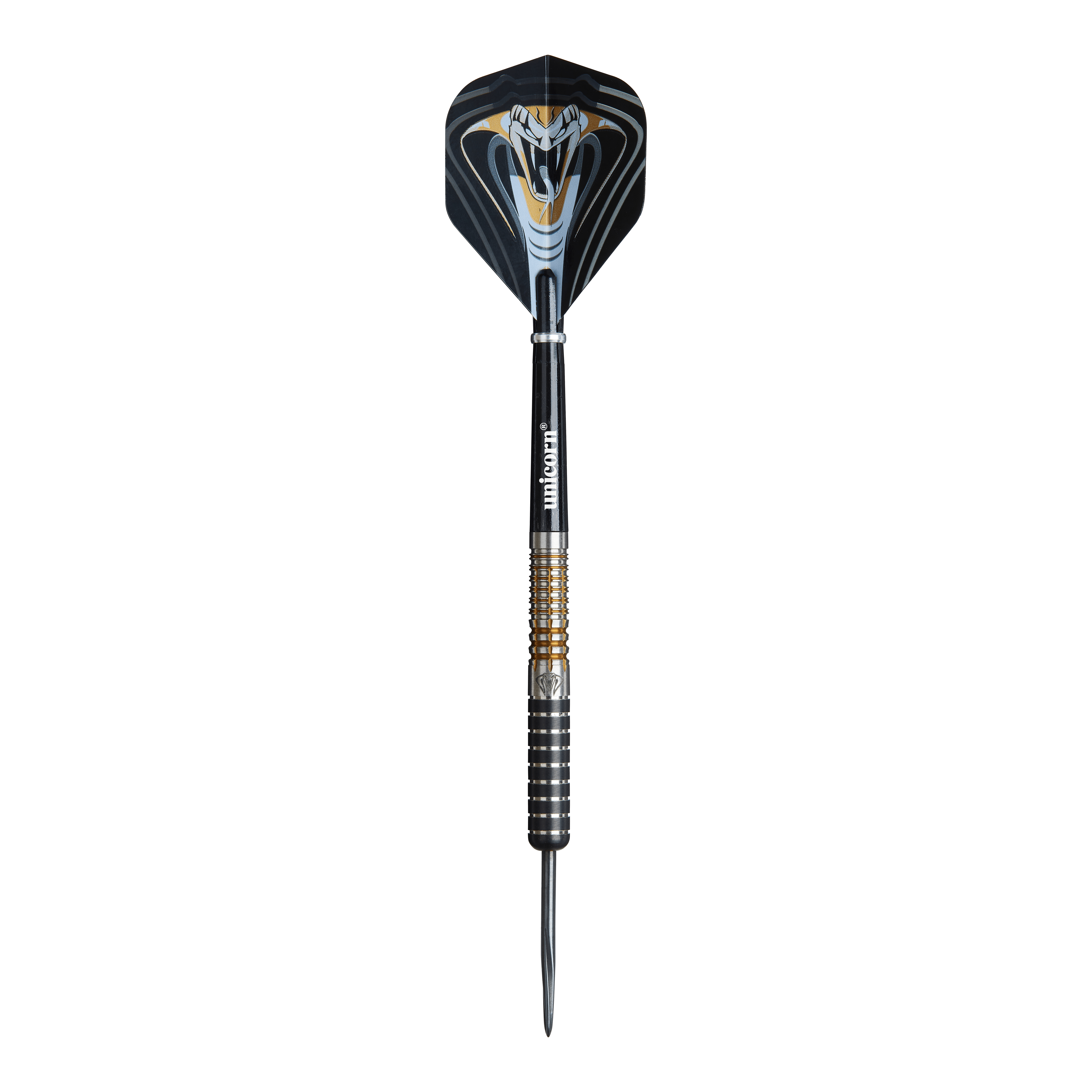Ocelové šipky Unicorn Maestro Jeffrey De Zwaan fáze 3 Das Bild zeigt einen Unicorn Maestro Jeffrey De Zwaan Phase 3 Steeldart. Der Dart ist schwarz mit silbernen und goldenen Akzenten und zeigt ein auffälliges Schlangendesign auf dem Flight.