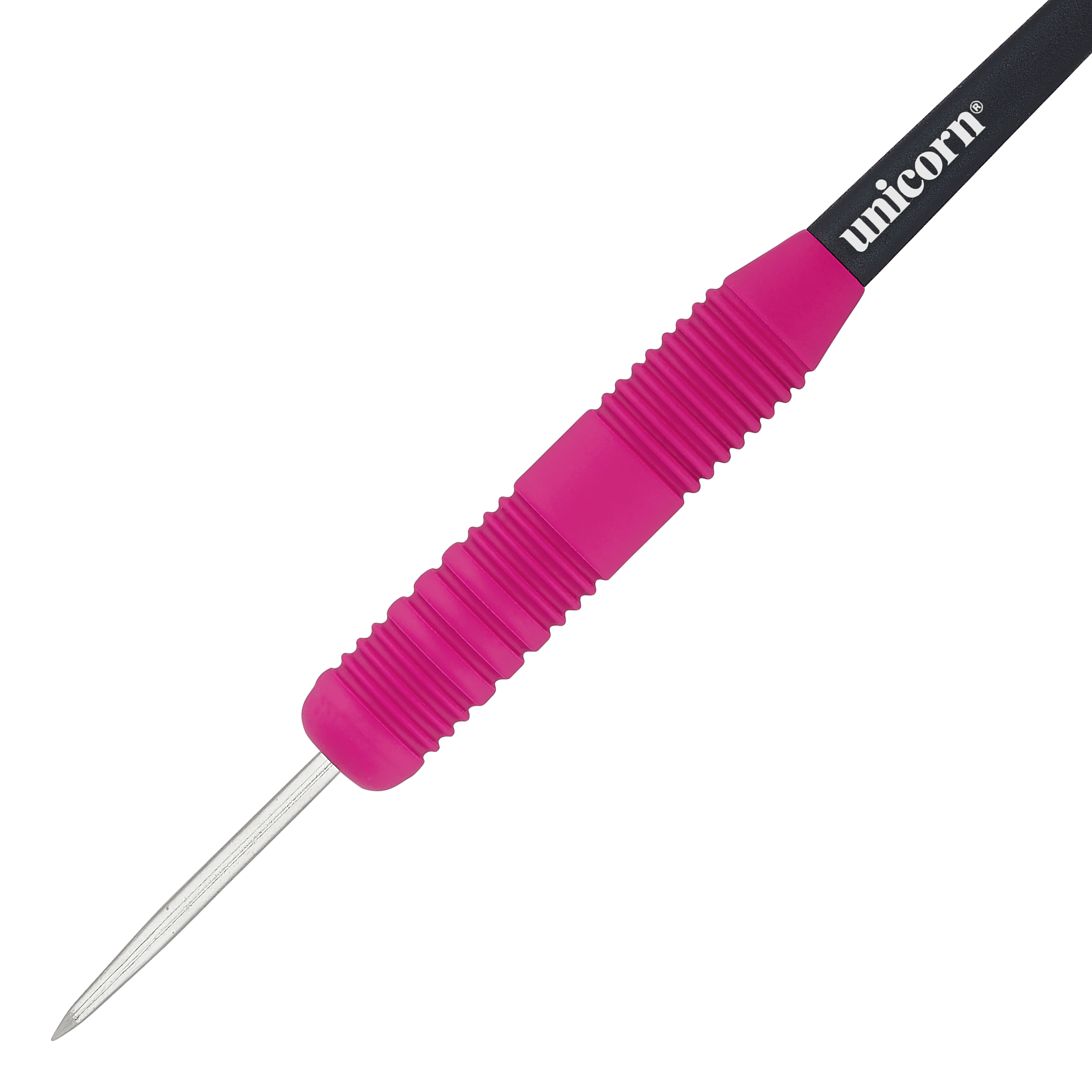 Šipky Unicorn Core Plus pogumované růžové ocelové Das Bild zeigt einen Unicorn Core Plus Steeldart mit einem gummierten, pinken Griff. Der Dart hat eine silberne Spitze und einen schwarzen Schaft mit dem weißen "unicorn"-Logo.
