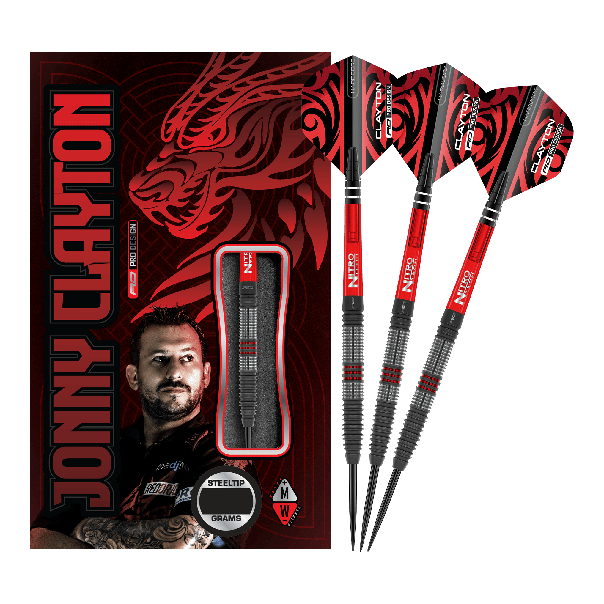 Ocelové šipky Red Dragon Jonny Clayton Hiraeth Das Bild zeigt das Produkt "Red Dragon Jonny Clayton Hiraeth Steeldarts" mit drei Steeldarts und einer auffälligen Verpackung. Auf der Verpackung sind ein Porträt von Jonny Clayton und ein roter Drachen abgebildet.
