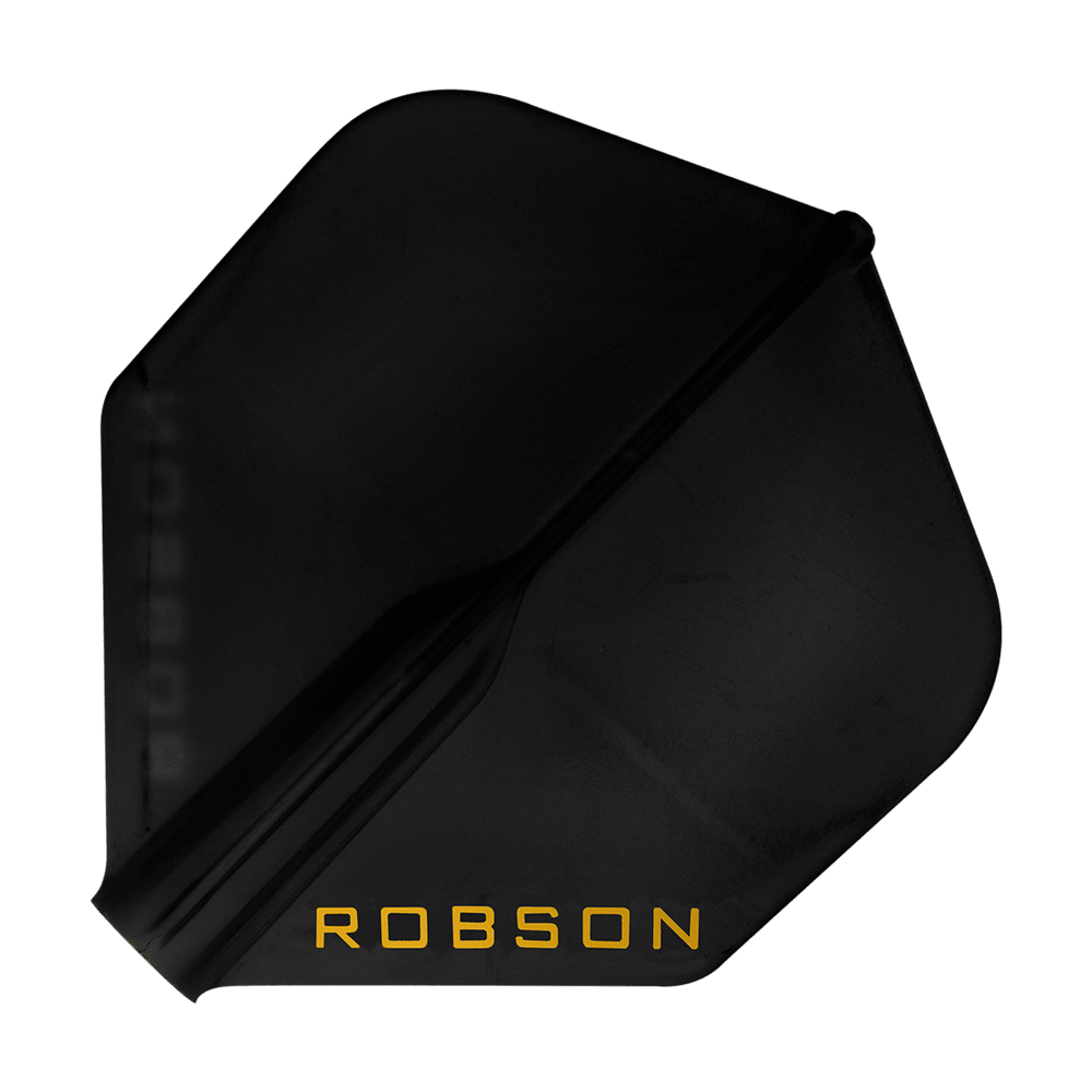 Lety Robson Plus – standardní Dies ist ein schwarzes Dartflight mit der Aufschrift "ROBSON" in gelber Farbe. Das Flight hat eine Standardform und wirkt robust.
