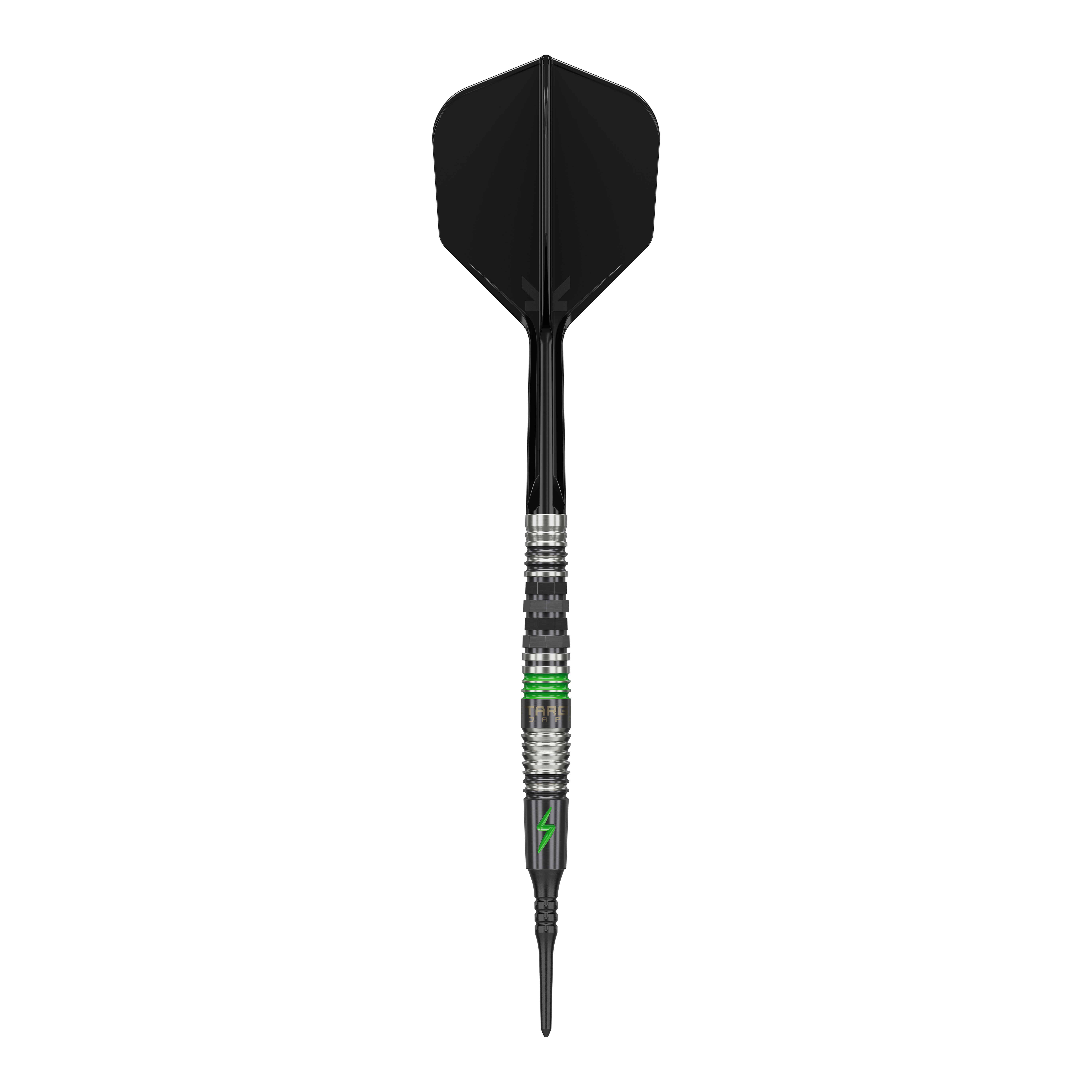 Dieses Bild zeigt einen Softdart mit dem Namen "Target Japan Black Marque Lightning 3" mit einem Gewicht von 19g. Der Dart ist überwiegend schwarz mit silbernen und grünen Akzenten gestaltet.