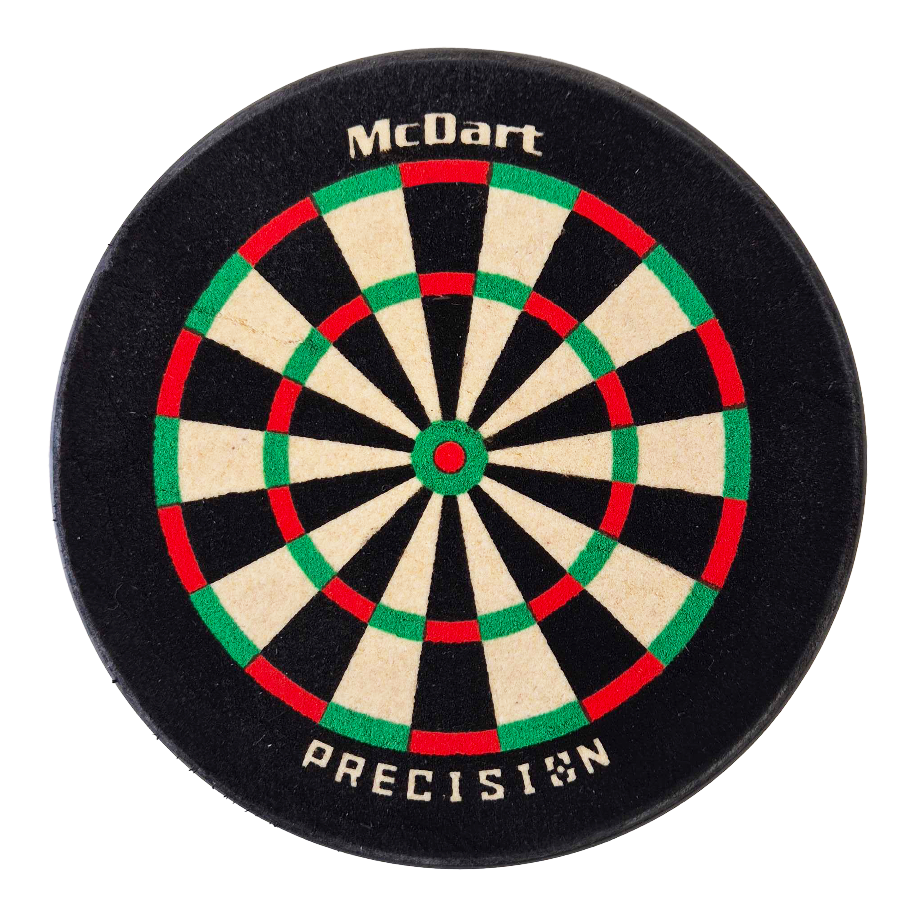 Das Bild zeigt eine kleine, runde Dartscheibe mit der Aufschrift „McDart“ und „PRECISION“. Die Scheibe hat die klassischen Farben Weiß, Schwarz, Rot und Grün.