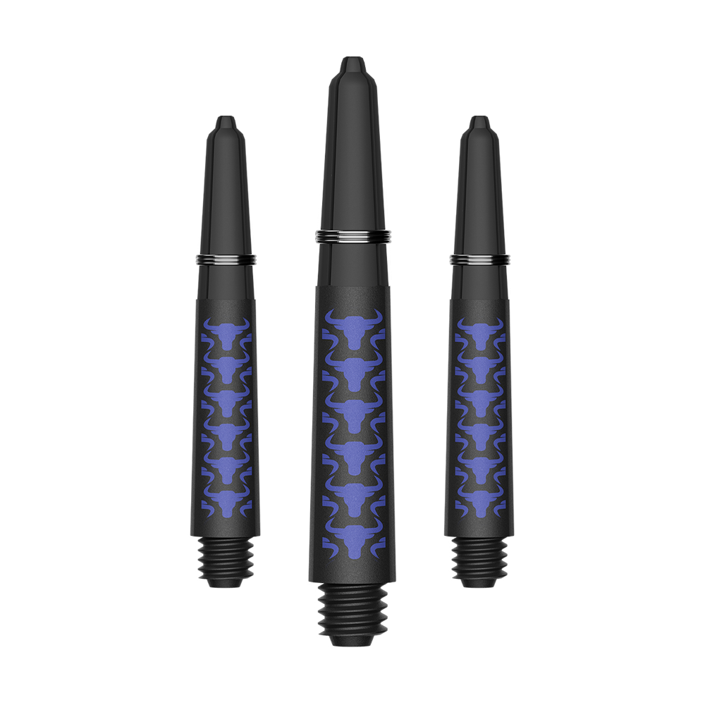 Zu sehen sind BullsNL Capo Carbon Shafts in Blau, Größe Short 34mm. Das Produkt ist ein Set aus Kohlefaser-Dartschäften.