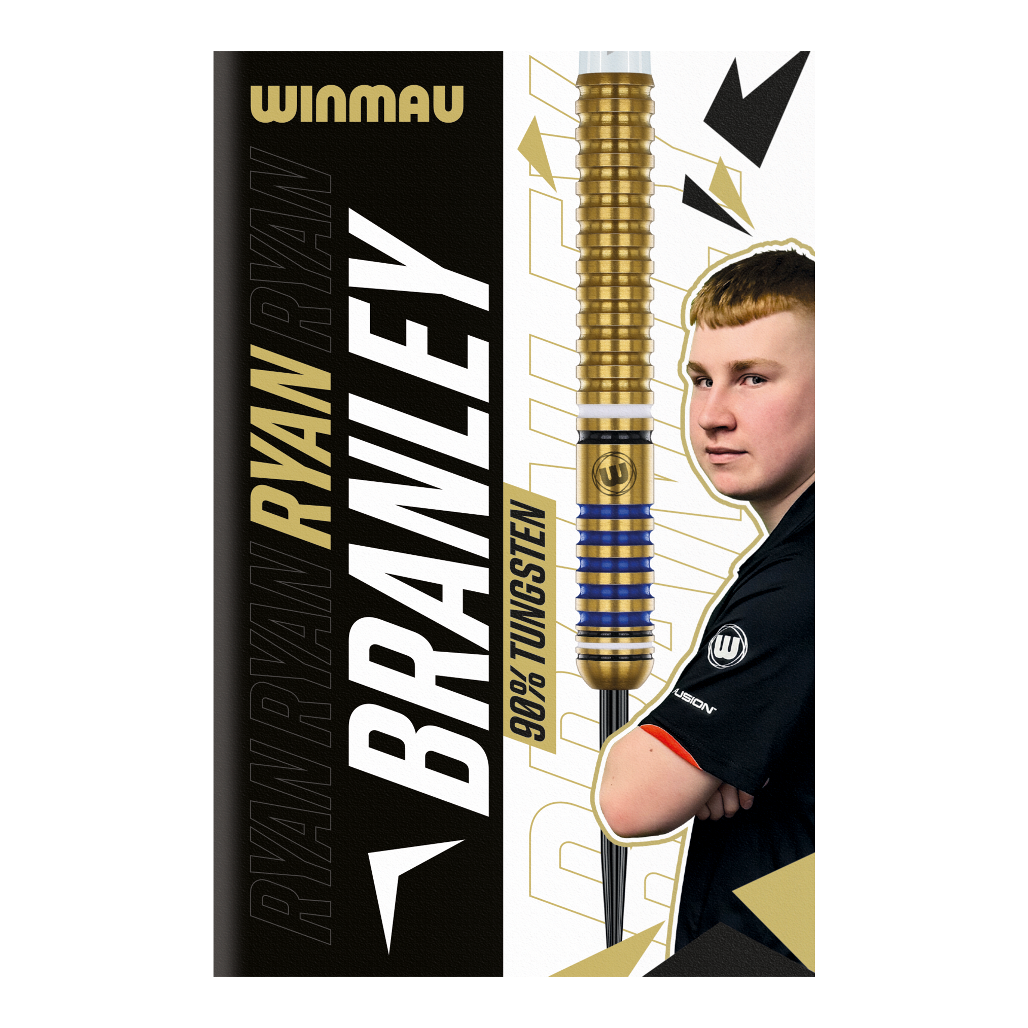 Die Abbildung zeigt die Verpackung der "Winmau Ryan Branley Steeldarts - 23g". Auf der Verpackung sind ein Dartpfeil, ein Foto einer Person und der Schriftzug "90% Tungsten" zu sehen.