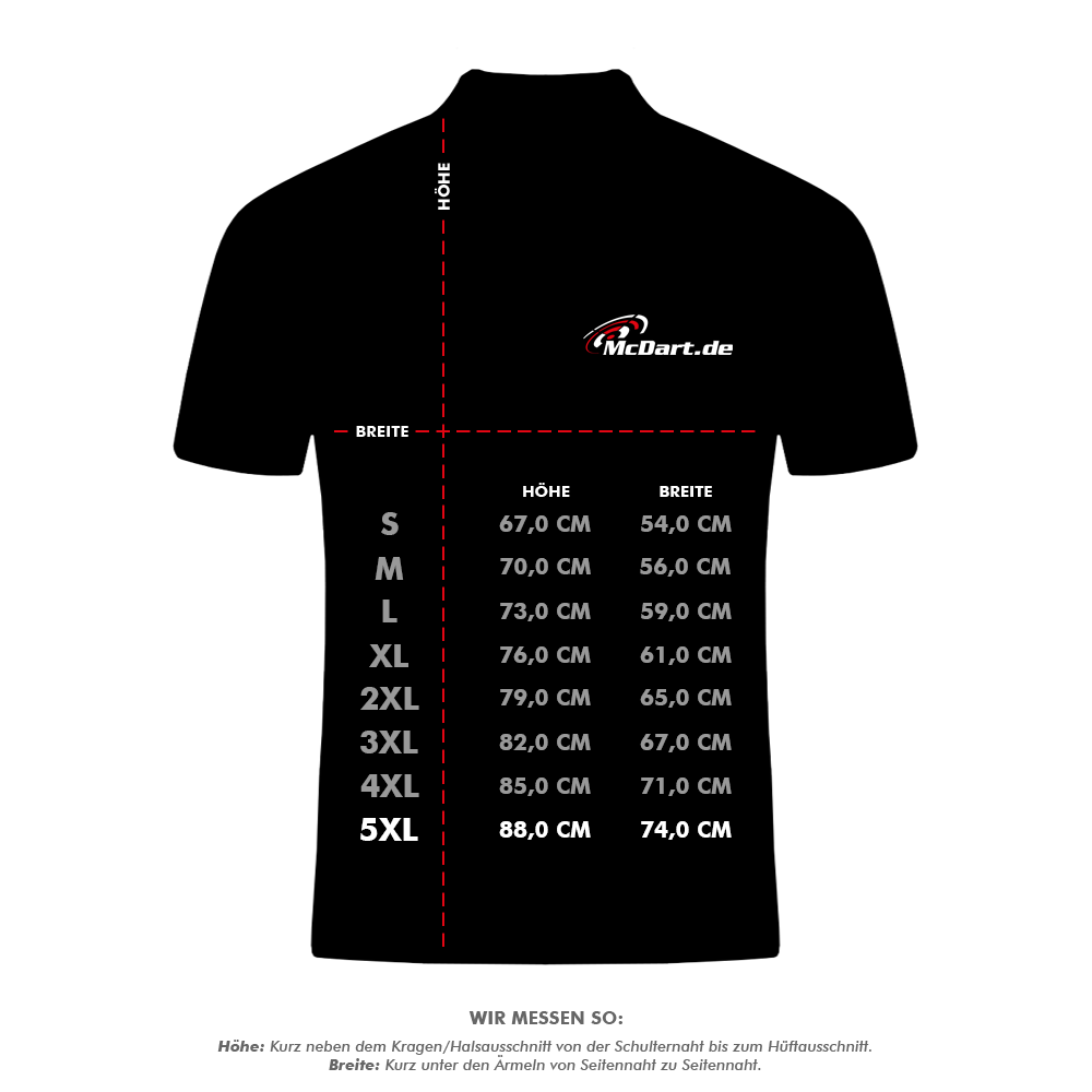 HRS-26036Harrows_Paragon_Dartshirts_5_XXXXXLZn92NTTY4OJfg Das Bild zeigt ein schwarzes Dartshirt mit dem Logo "McDart.de" auf der Brust. Auf dem Shirt sind die Größenangaben von S bis 5XL mit den entsprechenden Maßen für Höhe und Breite aufgedruckt.