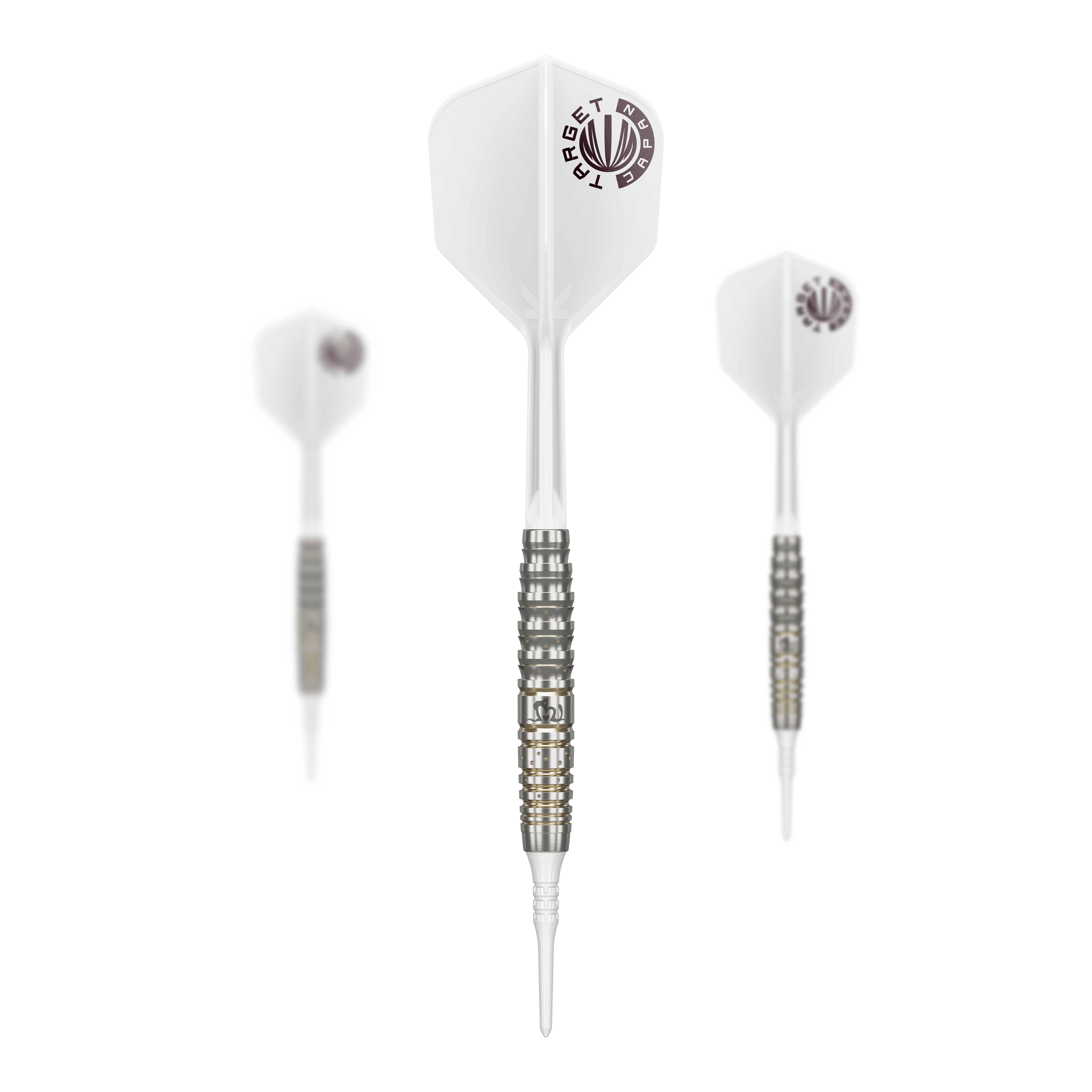 Měkké šipky Target Japan Prime Series Mayujo Morita GEN6 - 18g Das Bild zeigt drei Softdarts der Serie „Target Japan Prime Series Mayujo Morita GEN6“ mit einem Gewicht von 18g. Die Darts haben weiße Flights und einen silber-schwarzen Barrel mit goldenen Akzenten.