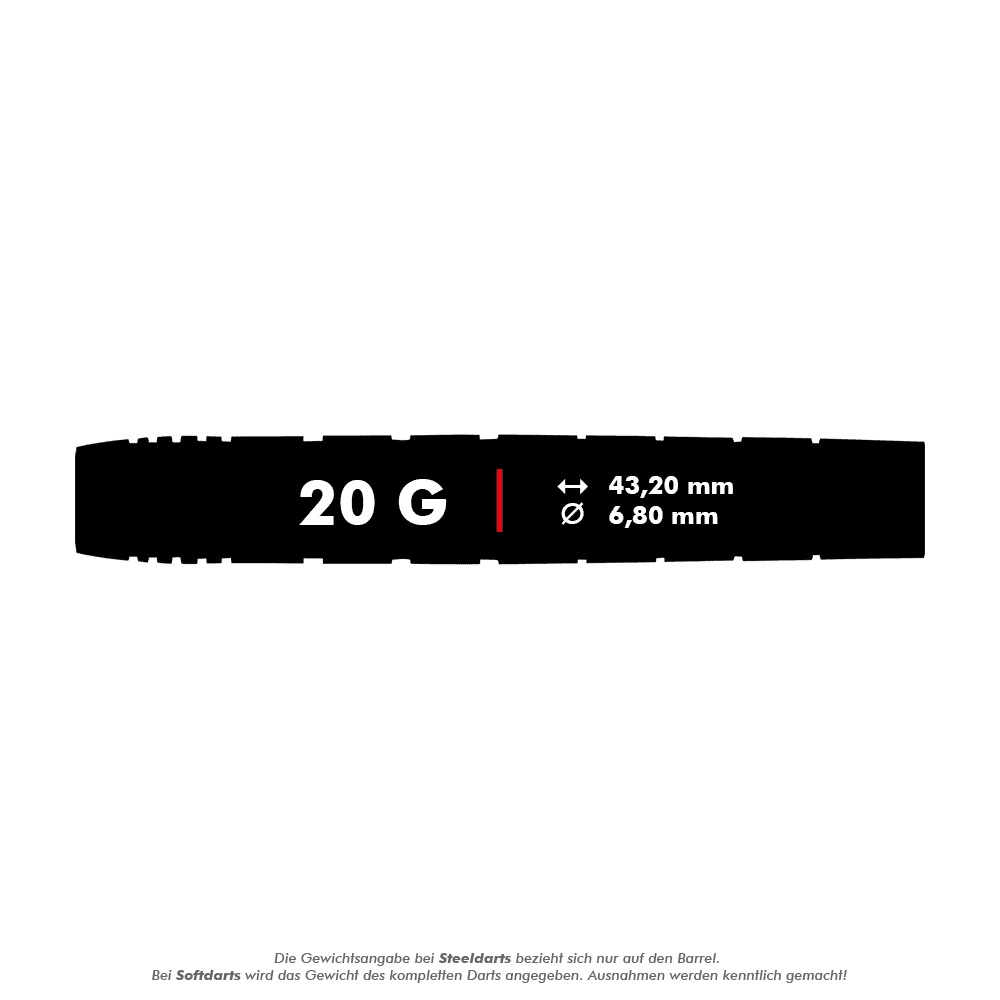 RD2505_Red_Dragon_Luke_Humphries_TX1_Softdarts_5_20g Das Bild zeigt einen Dart mit der Aufschrift "20 G". Die Maße sind 43,20 mm Länge und 6,80 mm Durchmesser.