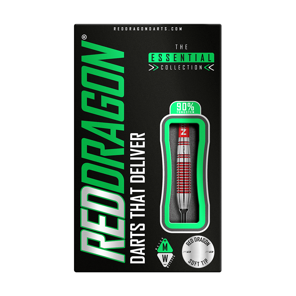 RD2137_Red_Dragon_Reflex_Softdarts_3 Die Abbildung zeigt die Verpackung der "Red Dragon Reflex Softdarts - 22 g". Auf der Packung sind ein Dartpfeil sowie Hinweise zu Material und Marke deutlich sichtbar.