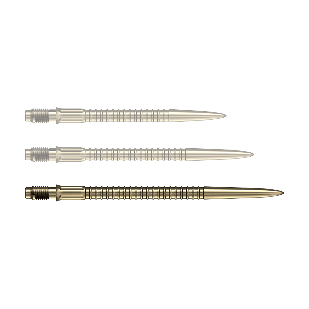 Špičky na šipky Mission R2.5 Rapid Point GV1 - zlaté Zu sehen ist eine einzelne goldene Dartspitze der Serie Mission R25 Rapid Point mit 40mm Länge. Die Spitze ist für den Einsatz beim Dartspiel geeignet.