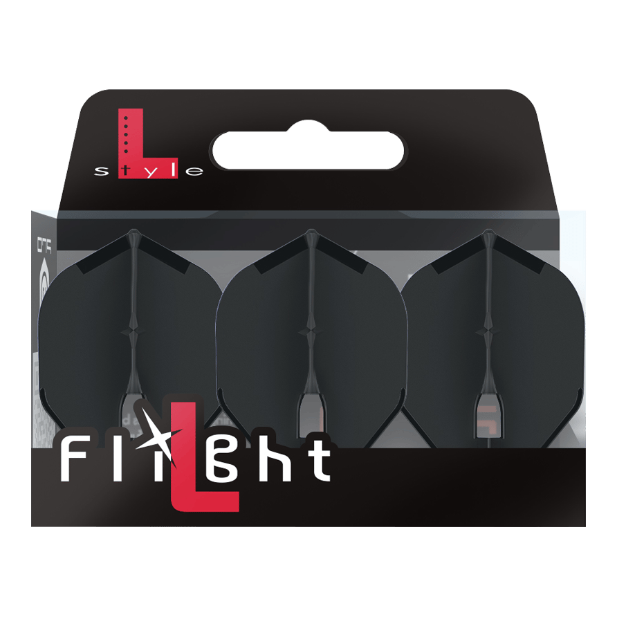 L-Style Champagne L1PRO Flights Auf dem Bild ist eine Packung mit drei schwarzen Dart-Flights der Marke L-Style zu sehen. Die Verpackung trägt die Aufschrift "Flight" und hebt das L-Style-Logo hervor.
